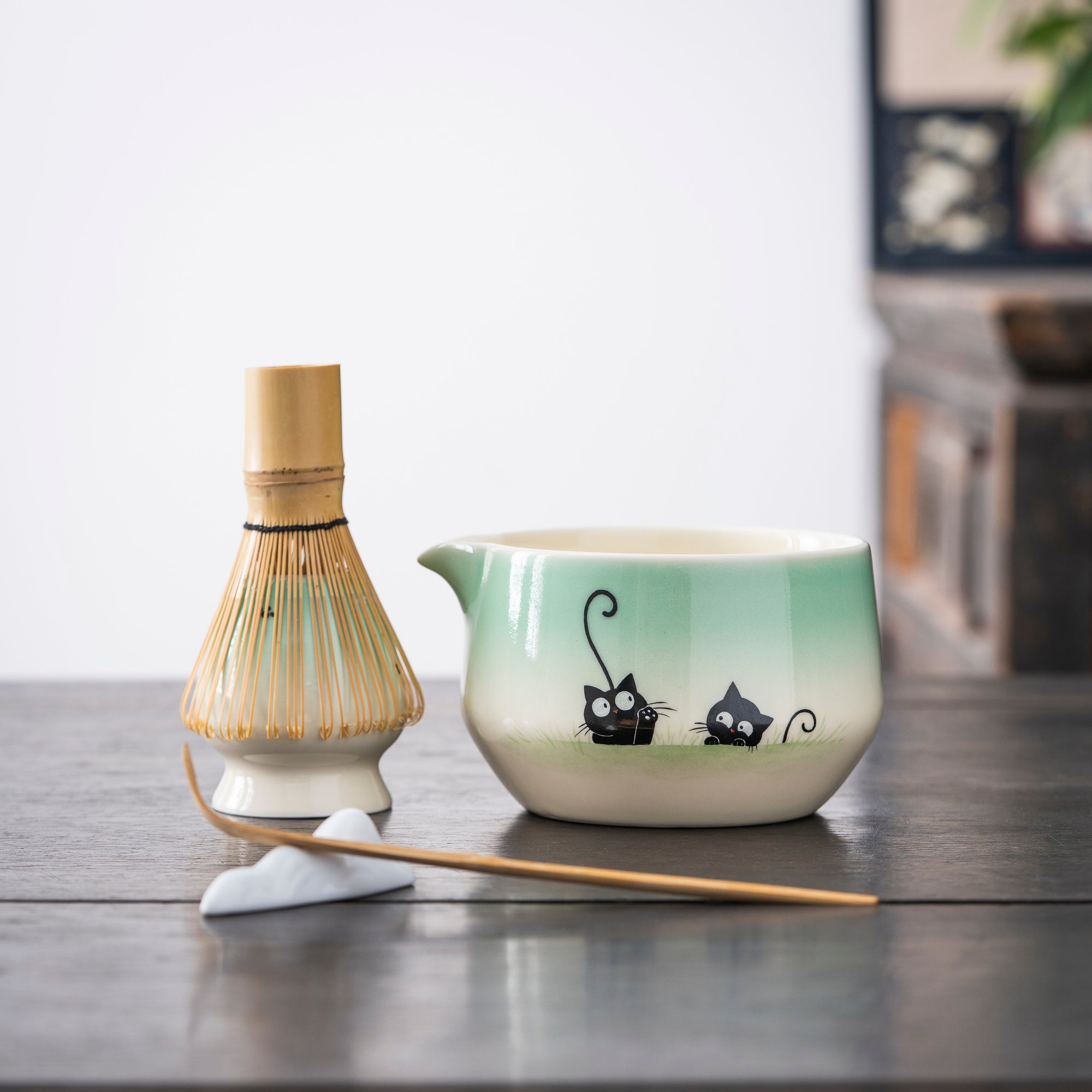Hand-painted Black Cat Matcha Whisk Set