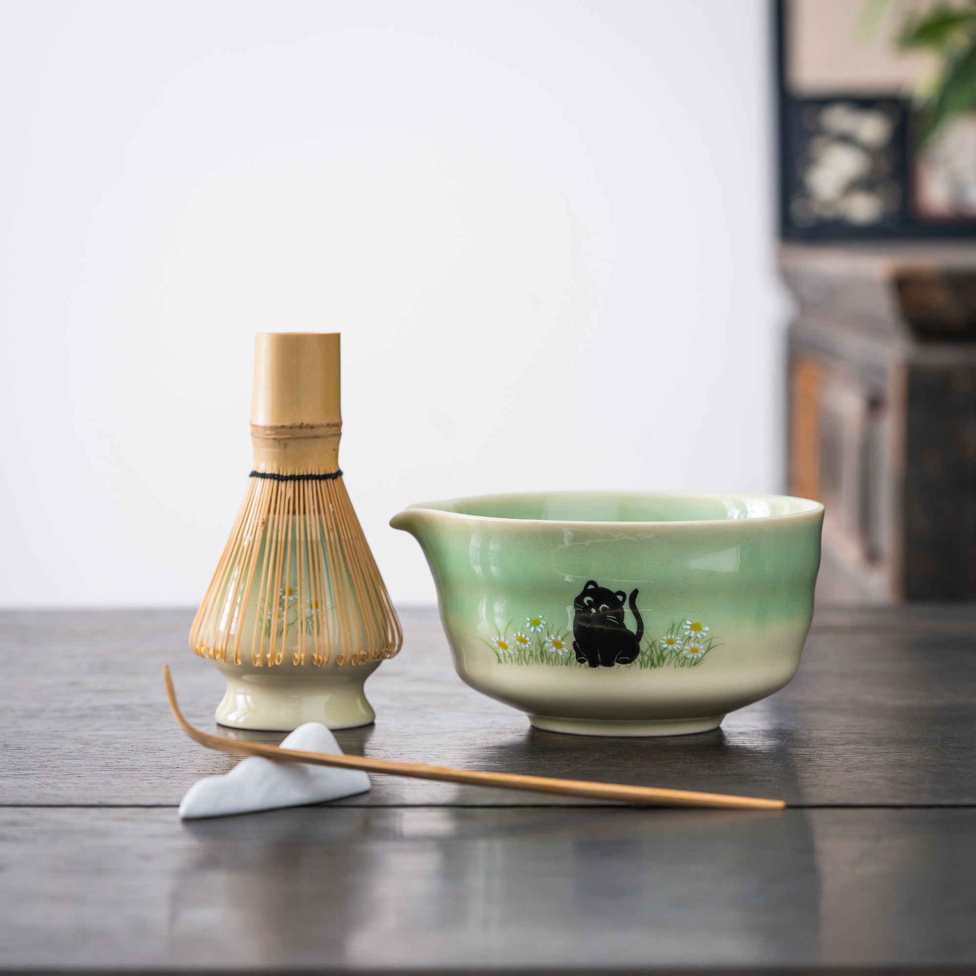 Hand-painted Black Cat & Daisy Matcha Set