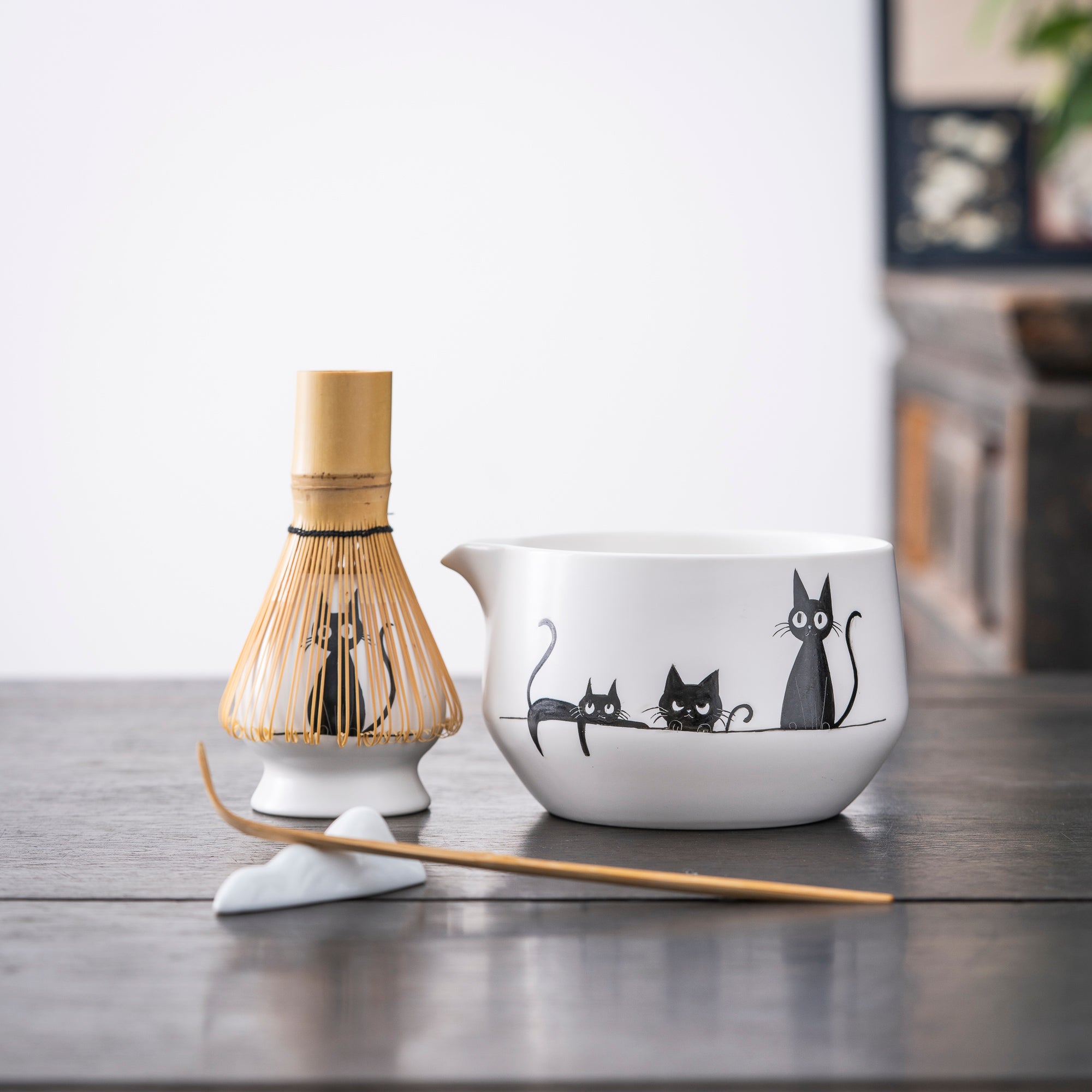 Hand - painted Black Cat Family Matcha Whisk Set