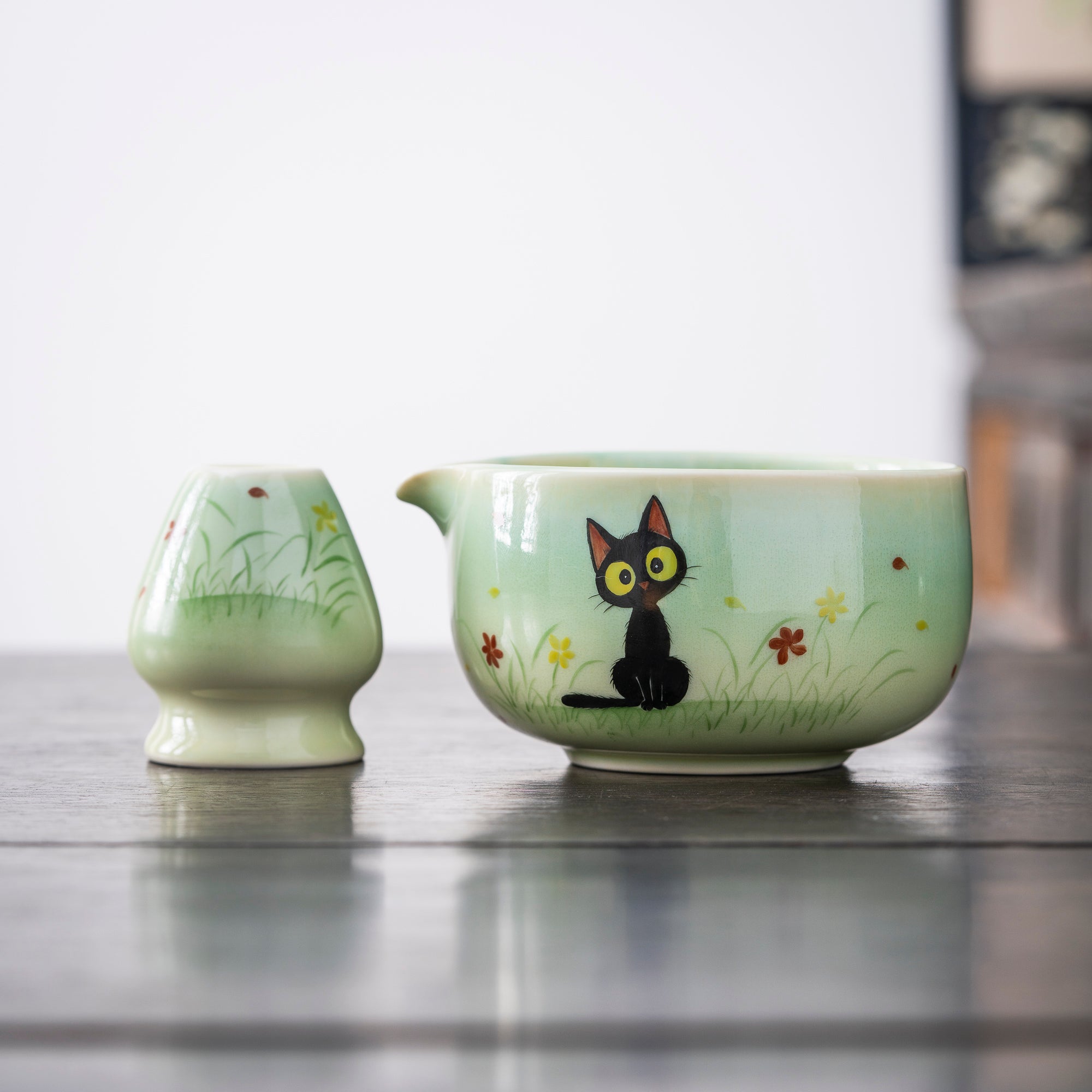 Adorable hand-drawn black cat Matcha Whisk Set