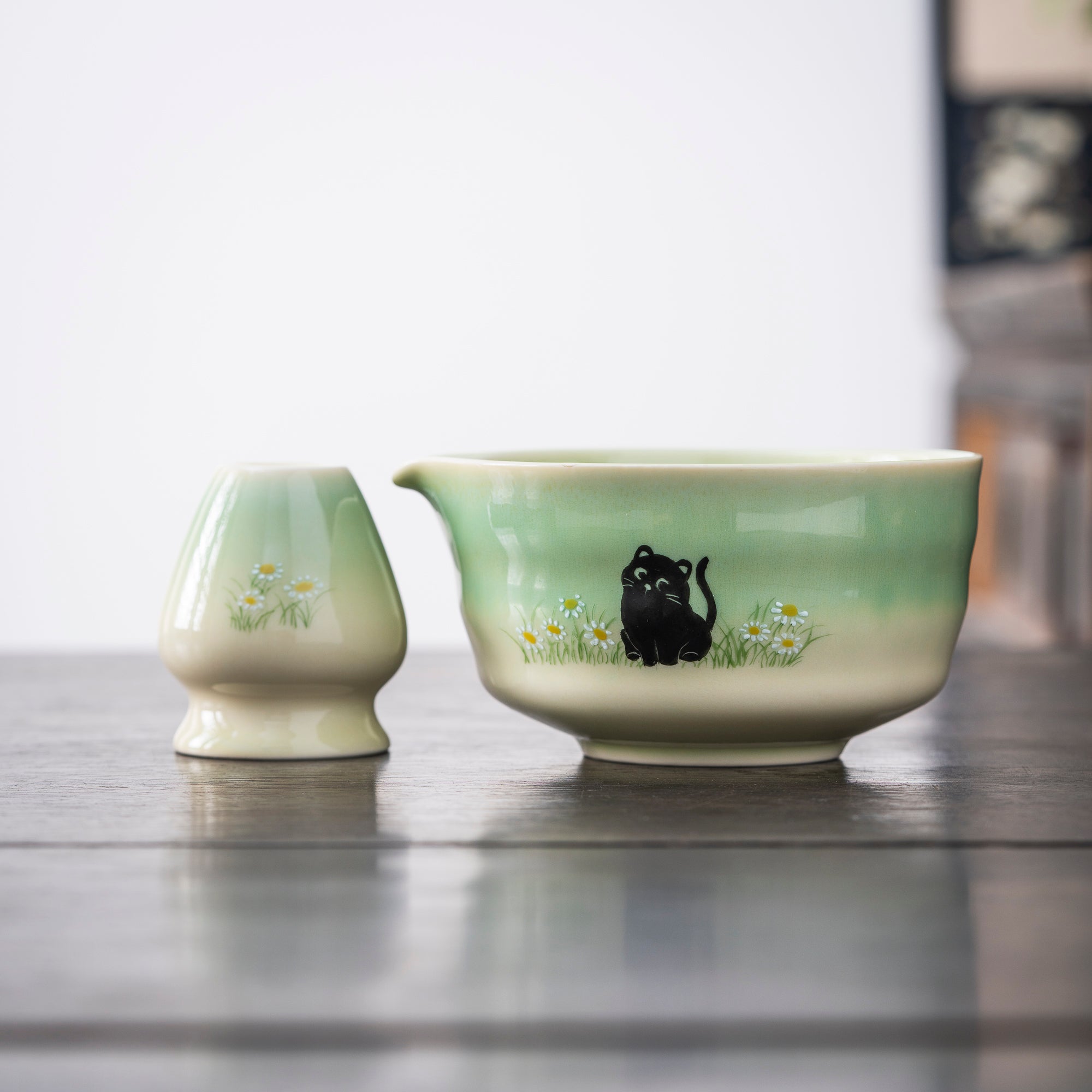 Hand-painted Black Cat & Daisy Matcha Set