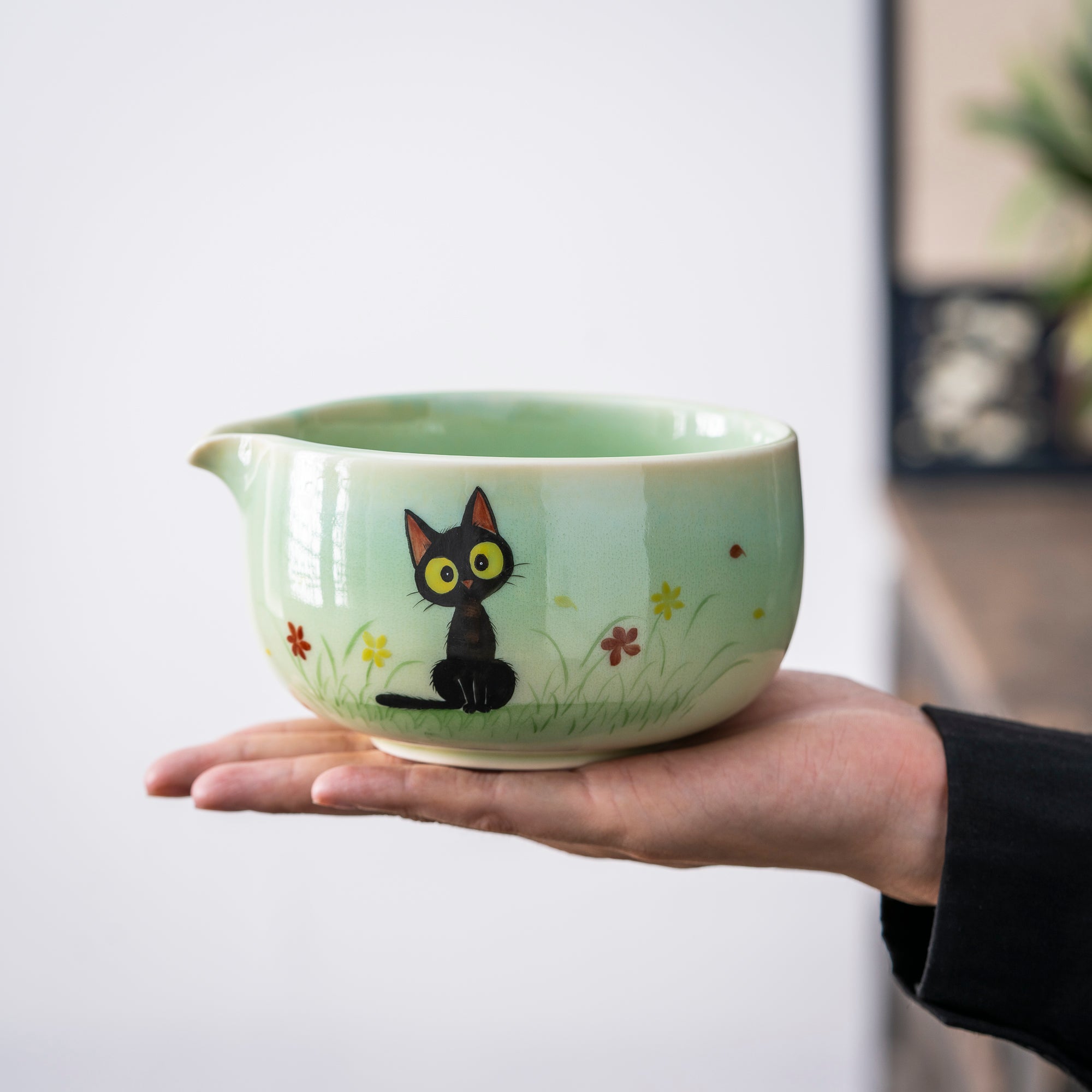 Adorable hand-drawn black cat Matcha Whisk Set