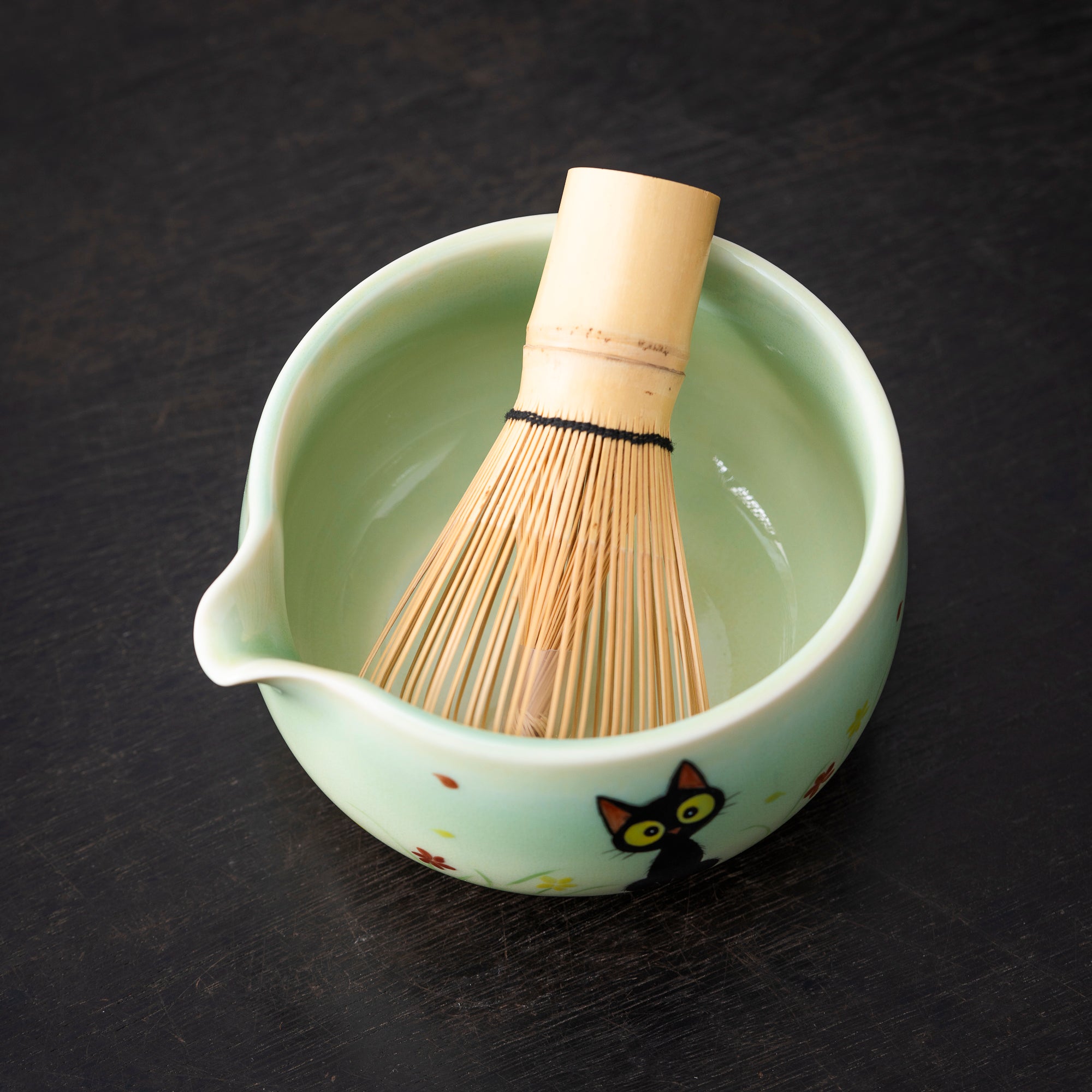 Adorable hand-drawn black cat Matcha Whisk Set