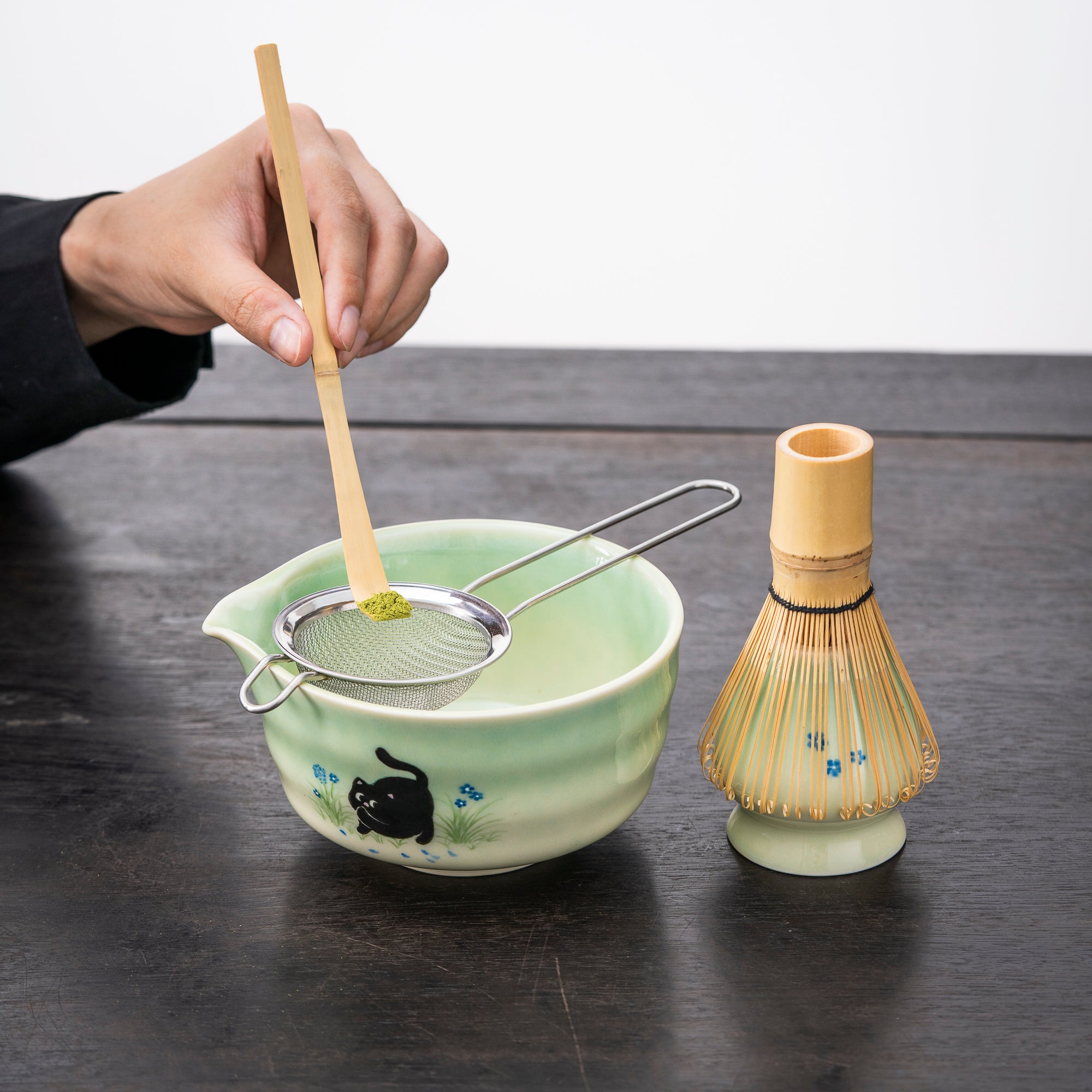 Artisan Hand - Painted Matcha Set with Cat Motif