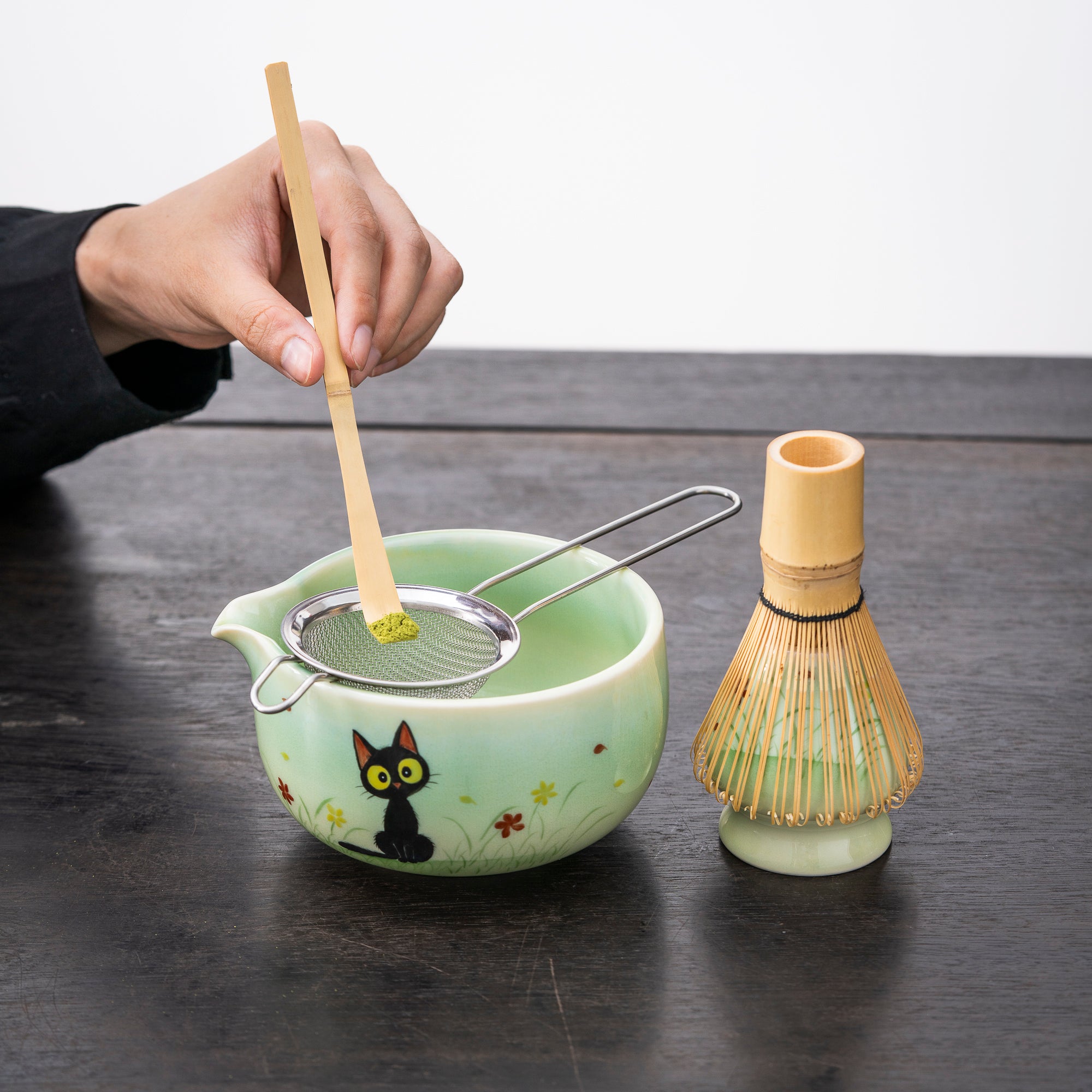 Adorable hand-drawn black cat Matcha Whisk Set