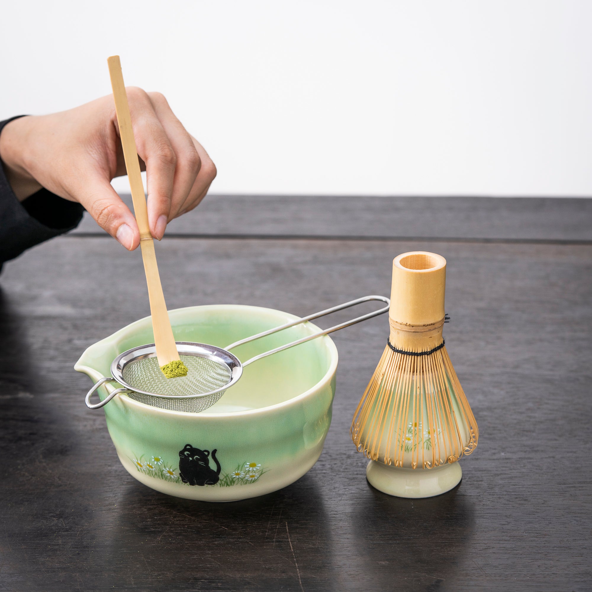 Hand-painted Black Cat & Daisy Matcha Set