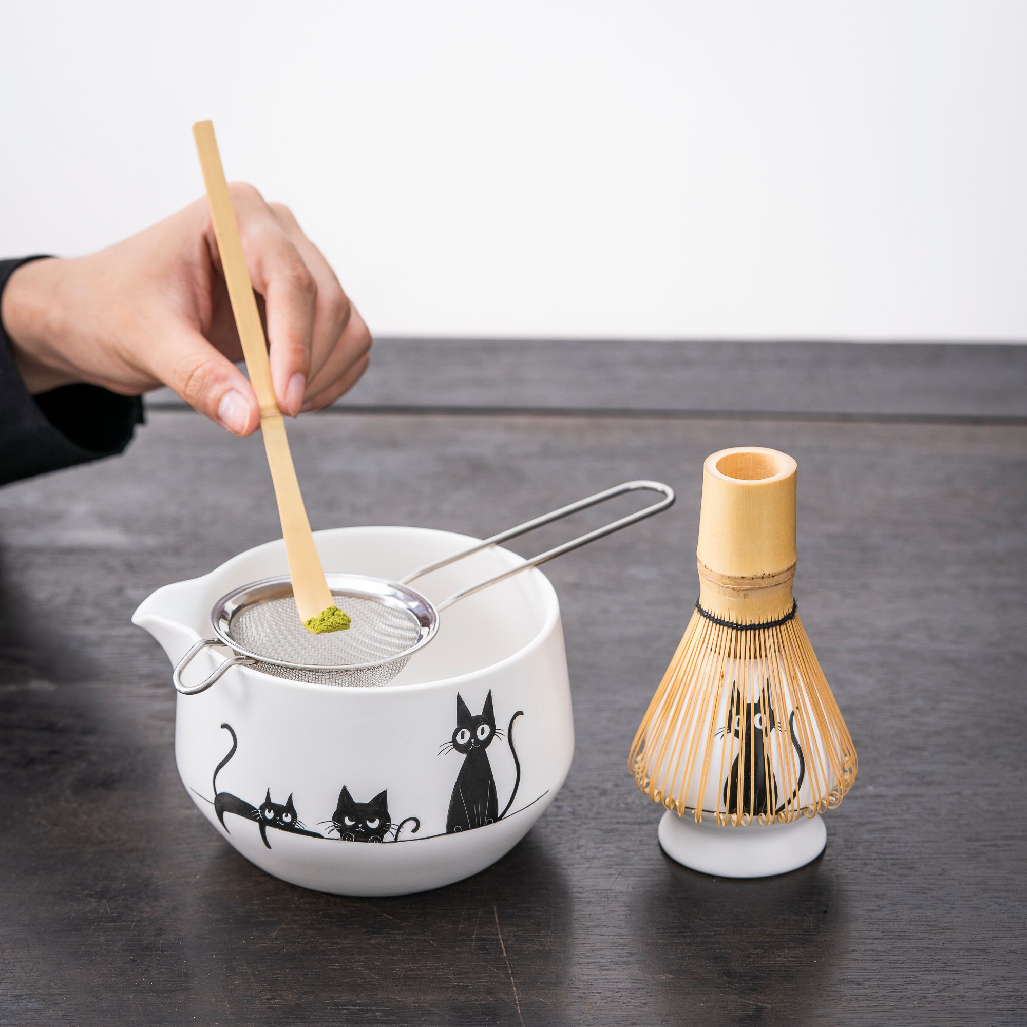 Hand - painted Black Cat Family Matcha Whisk Set