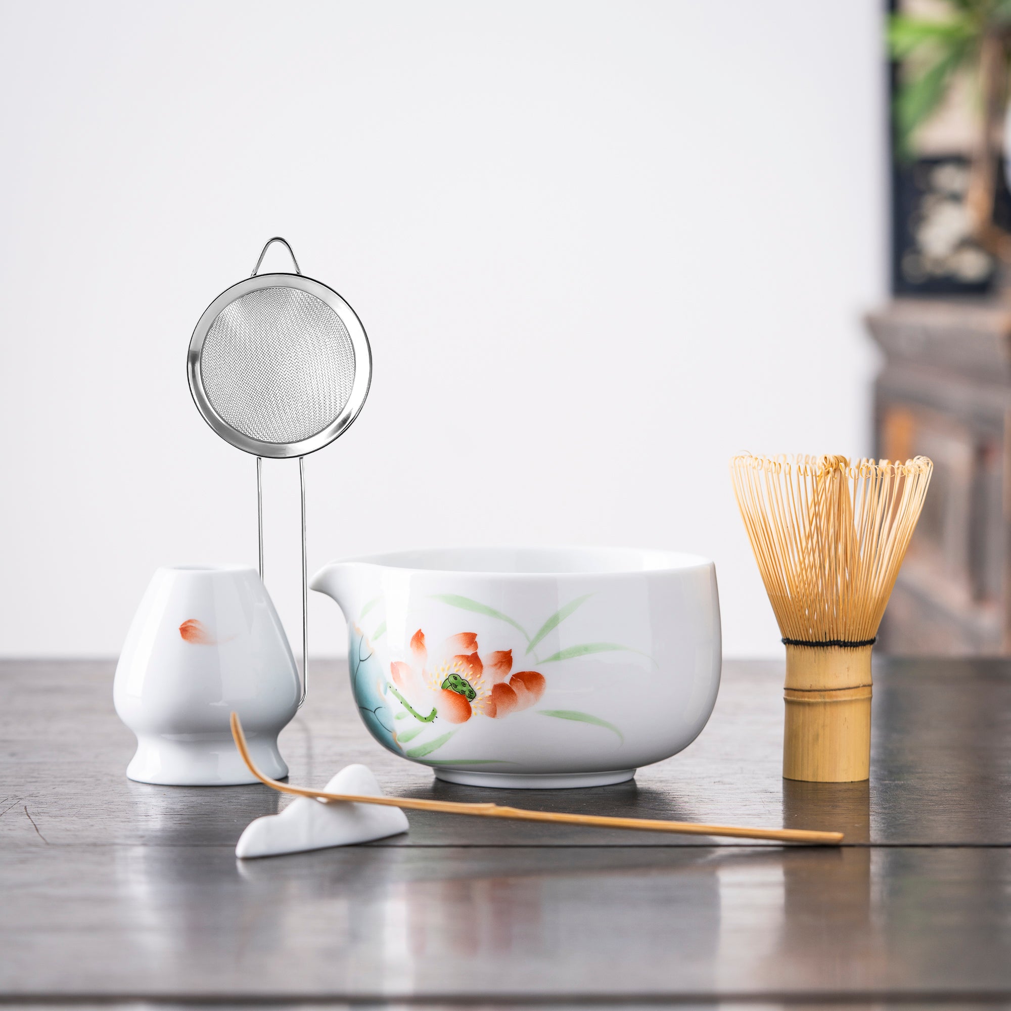 Lotus - Themed Hand - painted White Matcha Set