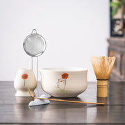 Hand - painted Cat & Flower Matcha Whisk Set