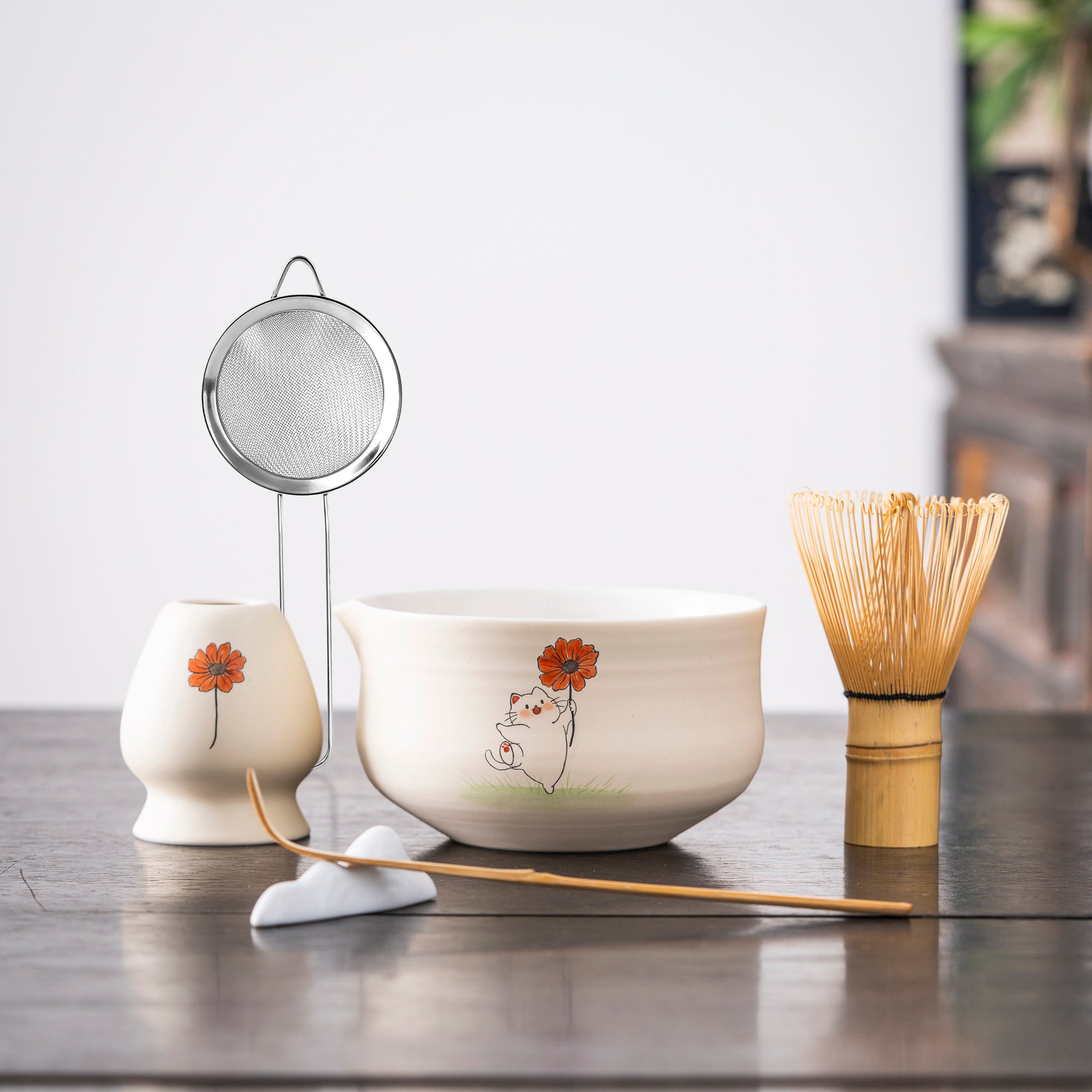 Hand - painted Cat & Flower Matcha Whisk Set