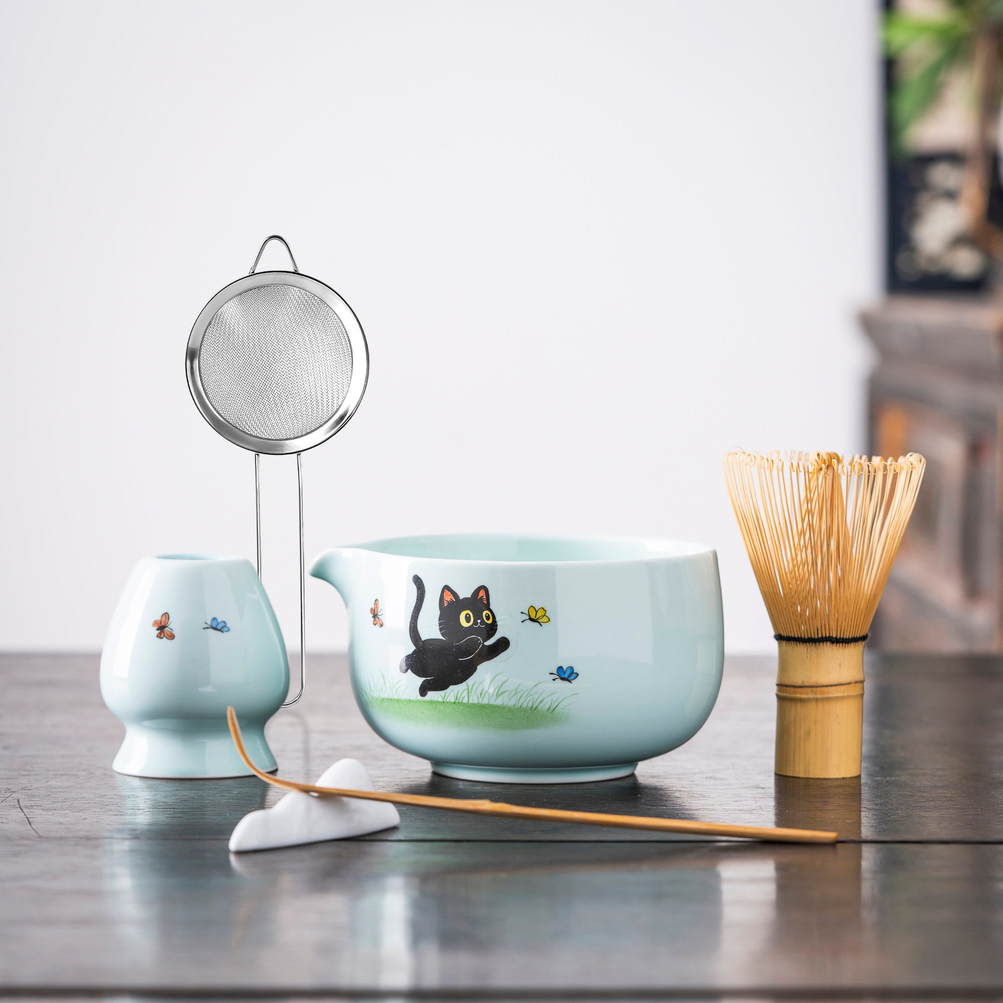 Hand - painted Black Cat & Butterfly Matcha Whisk Set