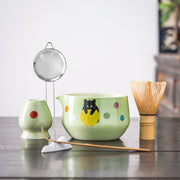 Hand - painted Black Cat & Colorful Dots Light Green Matcha Kit