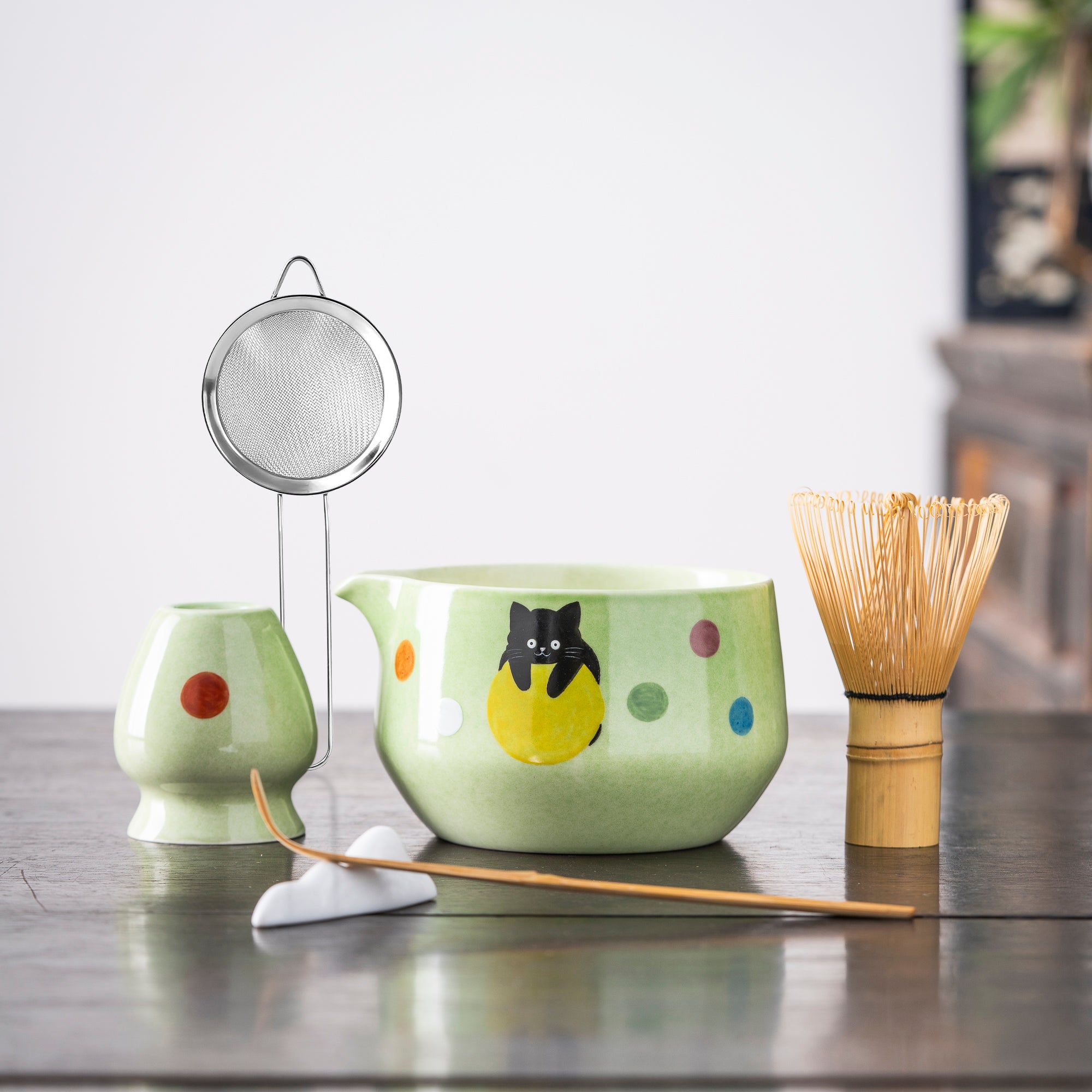 Hand - painted Black Cat & Colorful Dots Light Green Matcha Kit