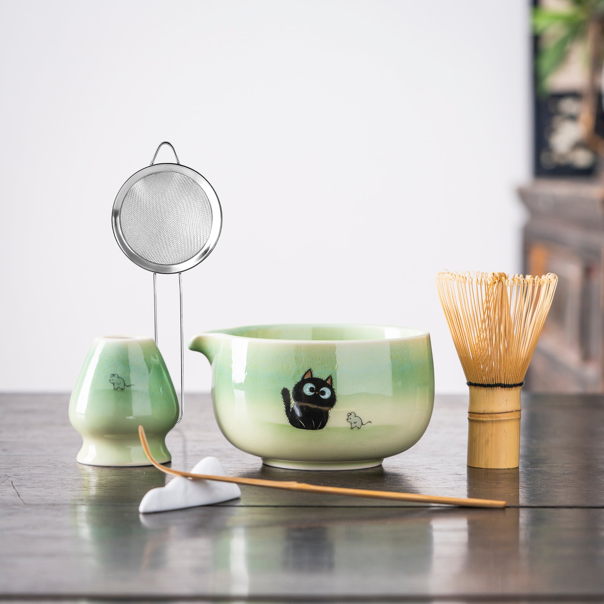 Hand - painted Black Cat & Mouse Light Green Matcha Set
