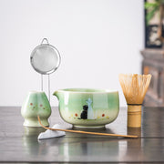 Hand - painted Black & White Cat Light Green Matcha Whisk Set