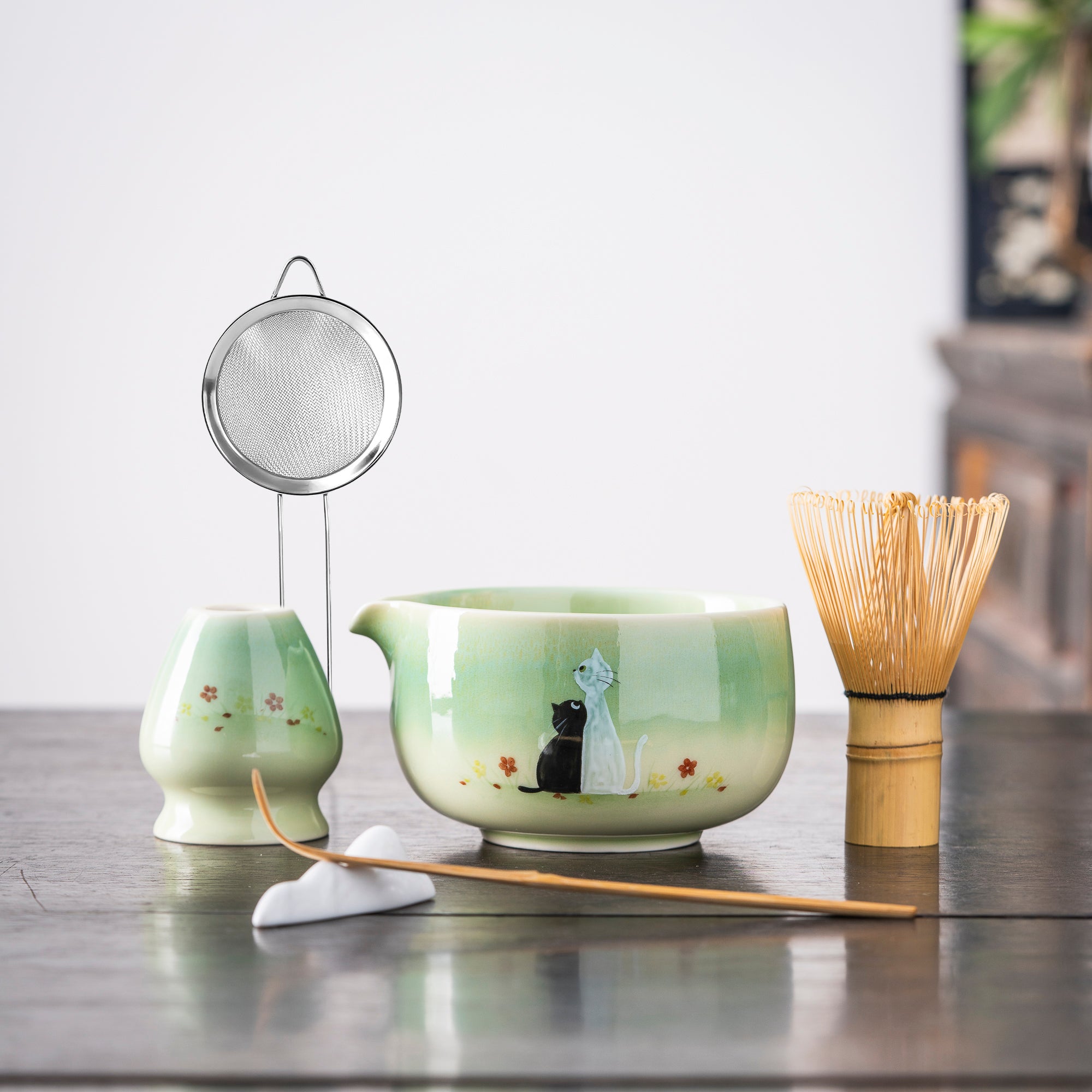 Hand - painted Black & White Cat Light Green Matcha Whisk Set