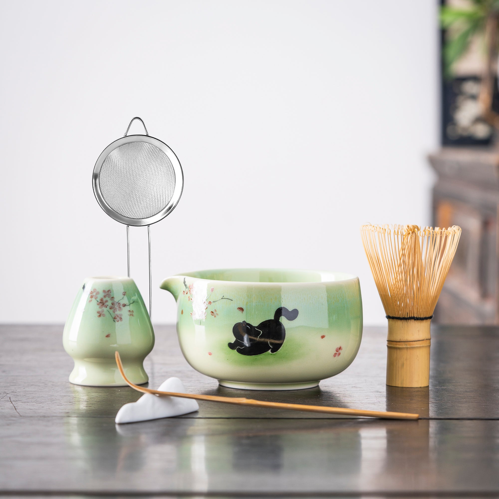 Hand - painted Black Cat & Cherry Blossom Light Green Matcha Kit