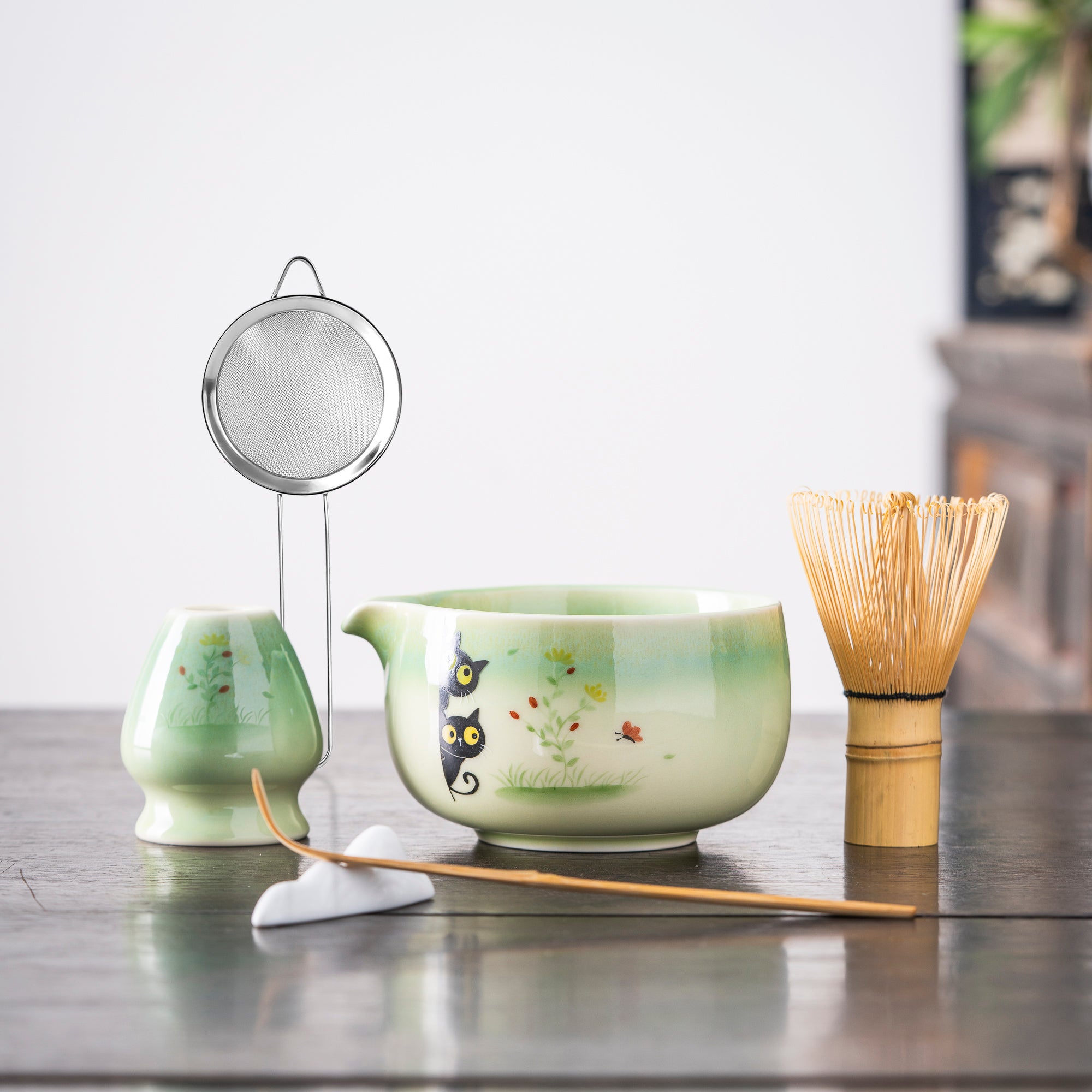 Hand - painted Black Cat Duo & Floral Matcha Whisk Set