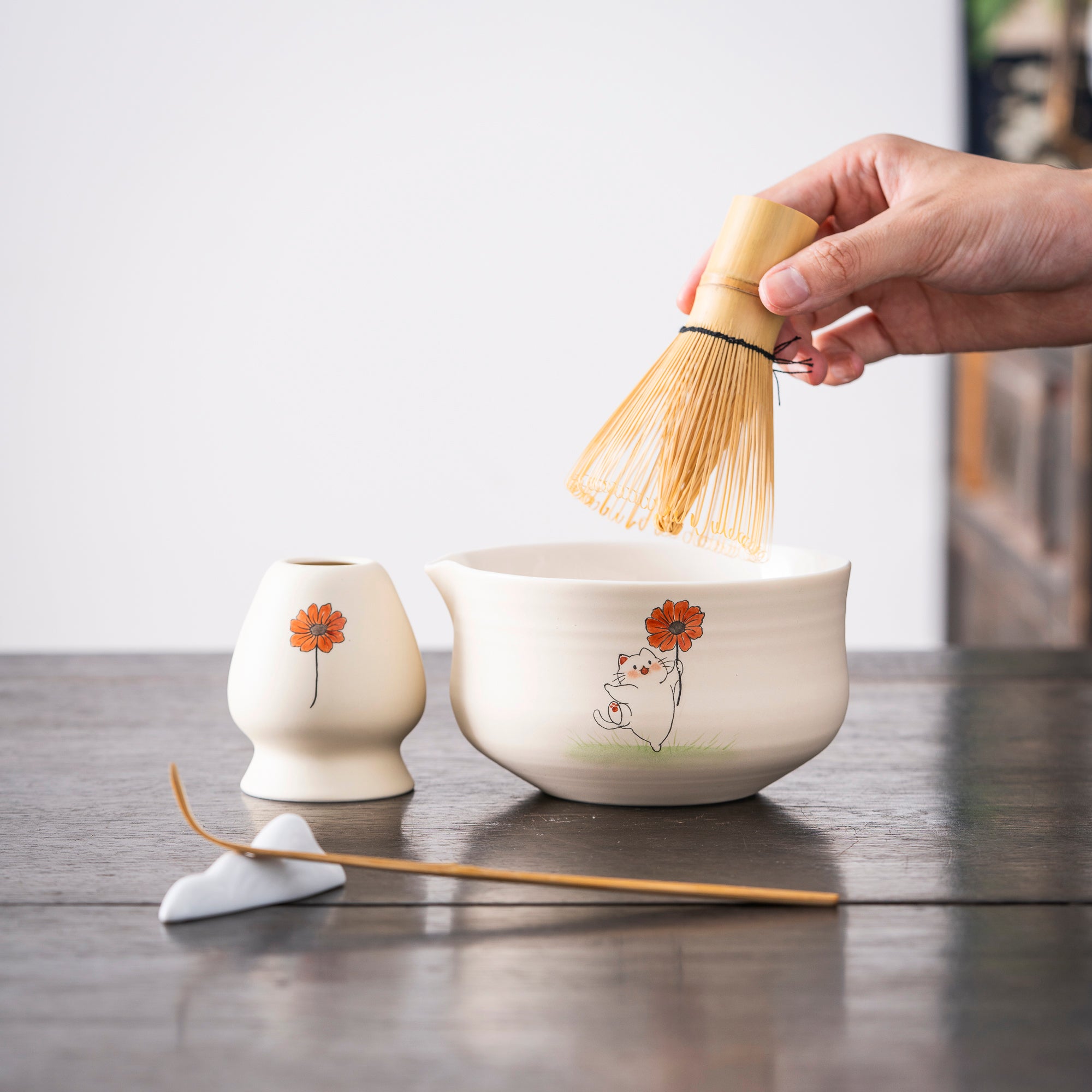 Hand - painted Cat & Flower Matcha Whisk Set