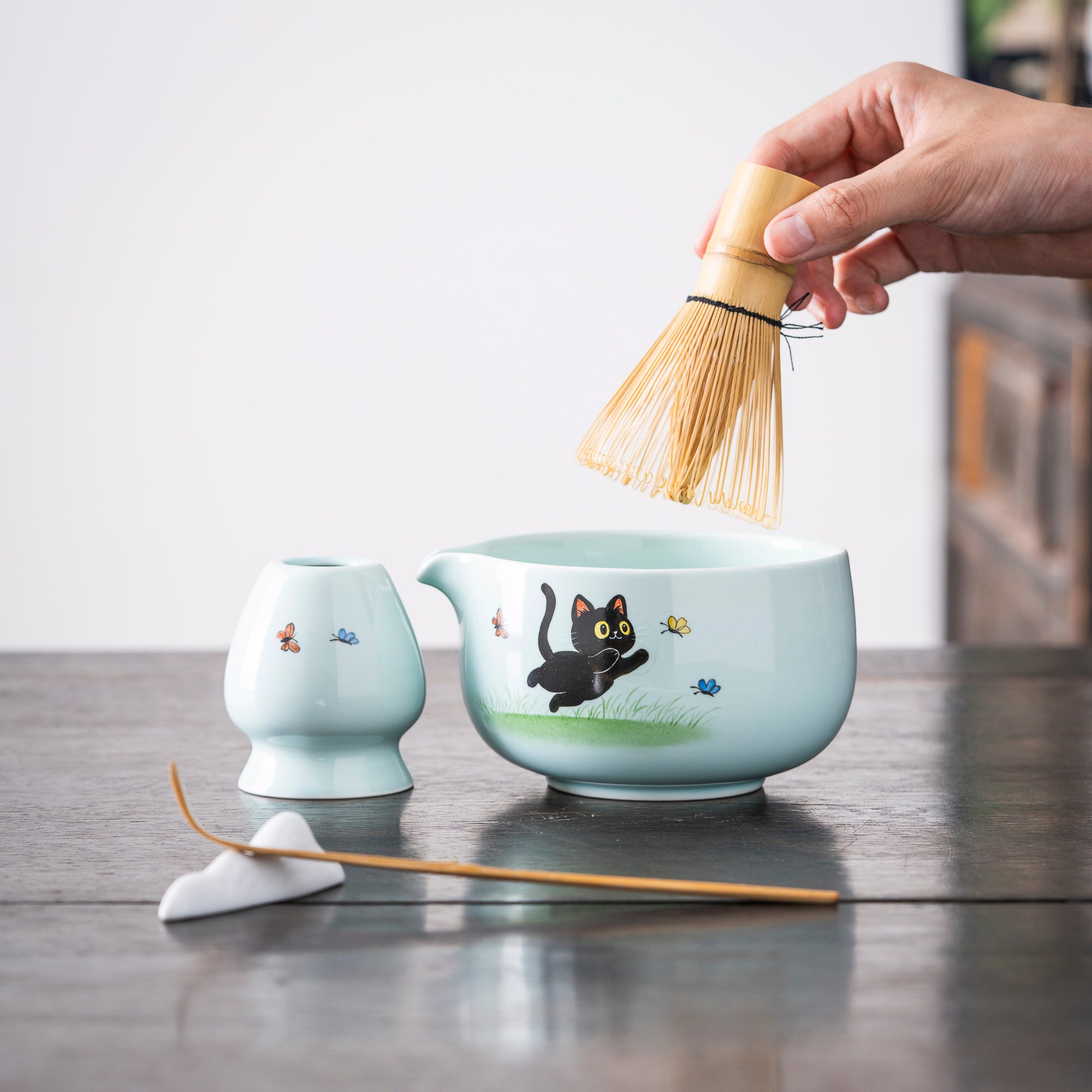 Hand - painted Black Cat & Butterfly Matcha Whisk Set