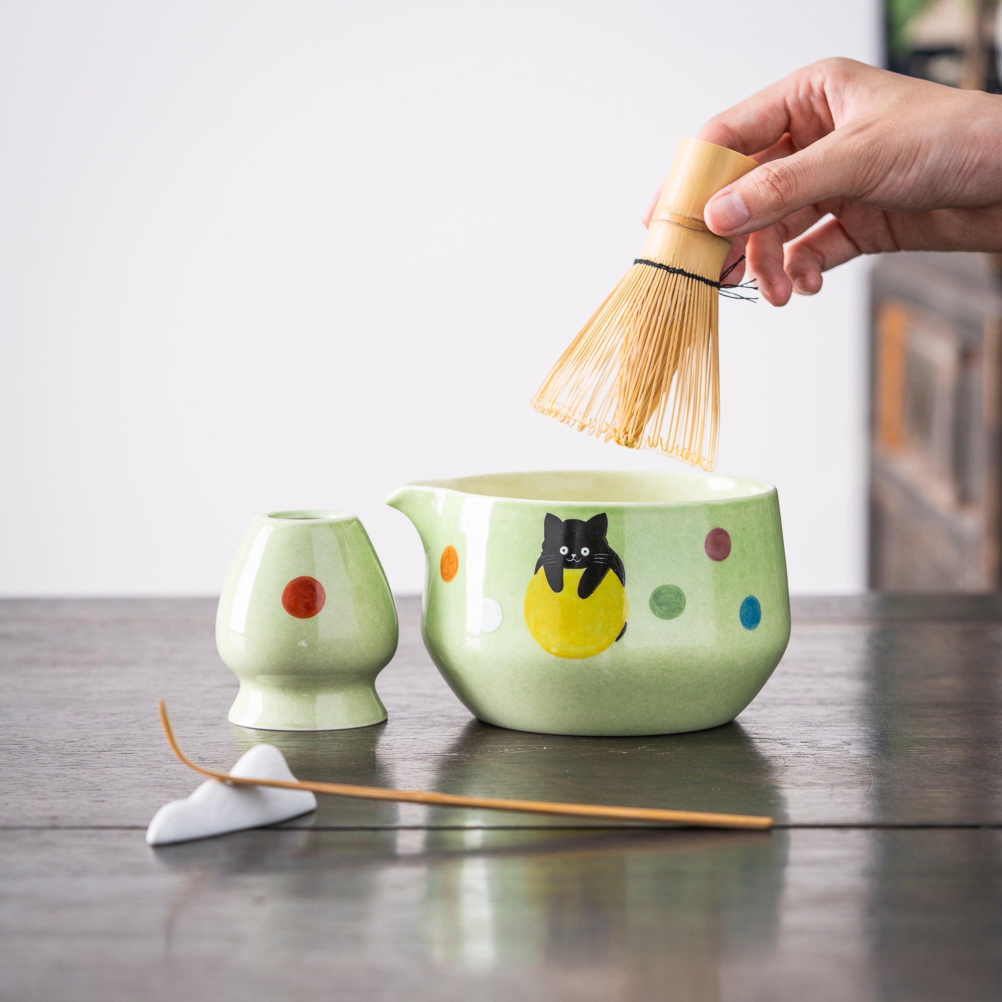Hand - painted Black Cat & Colorful Dots Light Green Matcha Kit