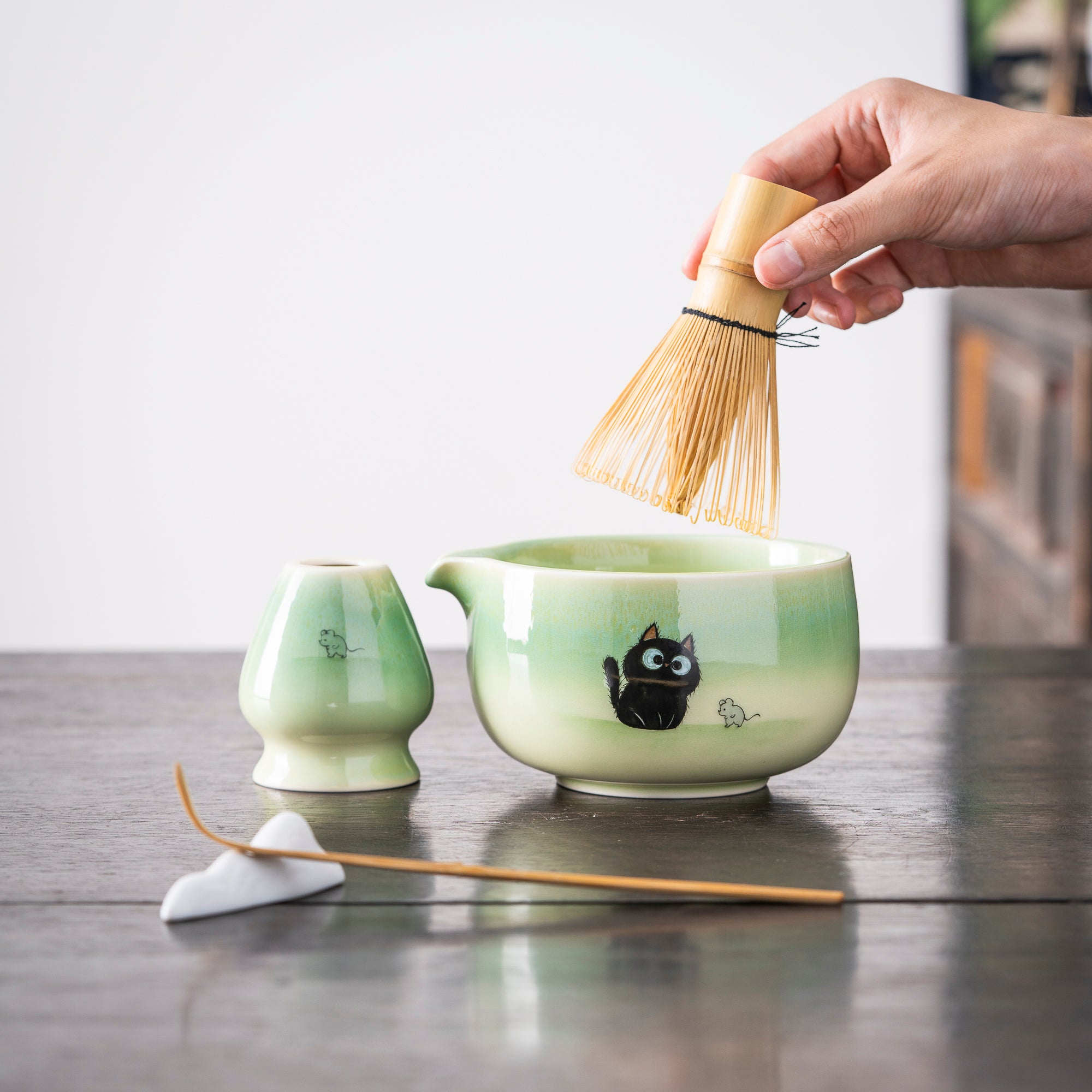 Hand - painted Black Cat & Mouse Light Green Matcha Set