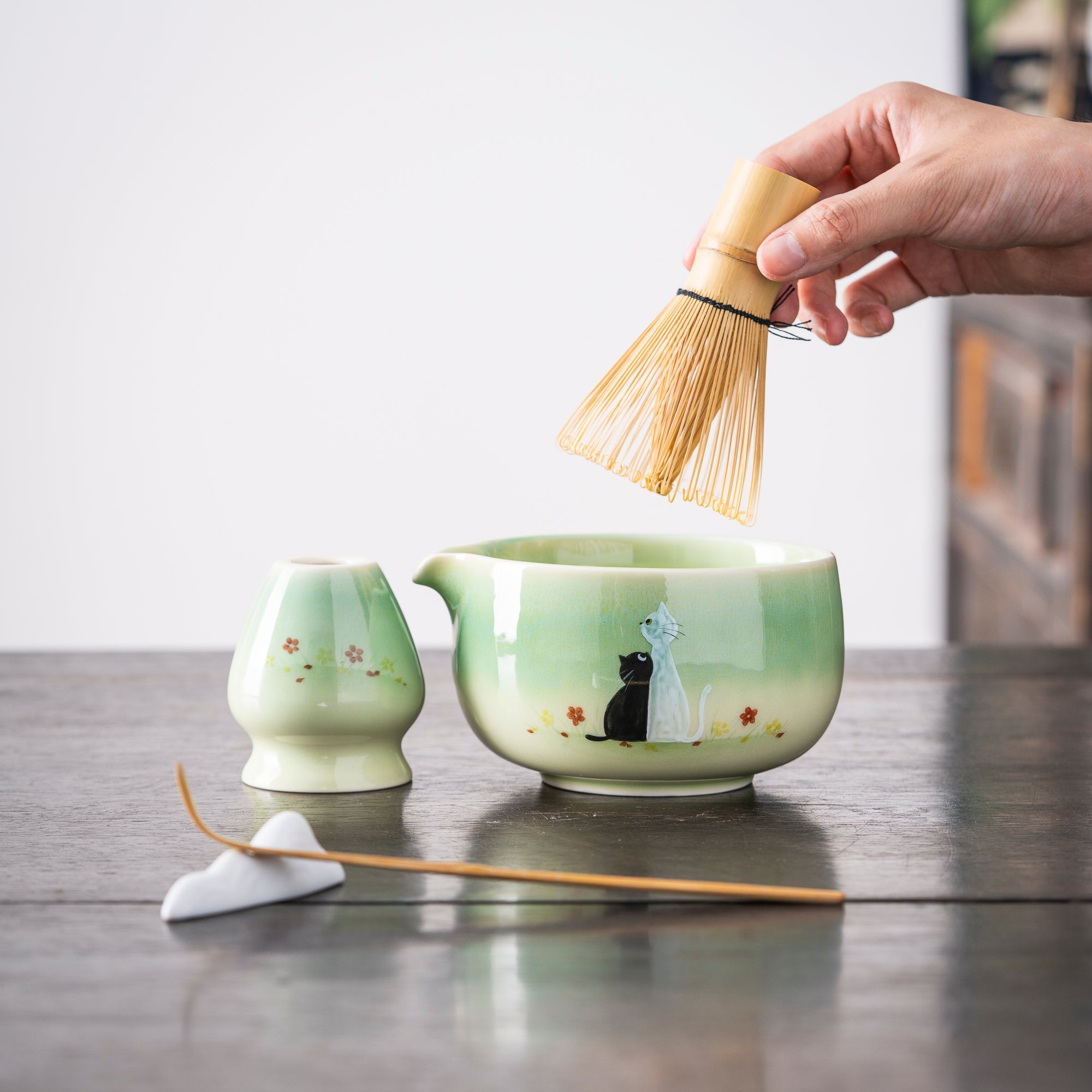 Hand - painted Black & White Cat Light Green Matcha Whisk Set