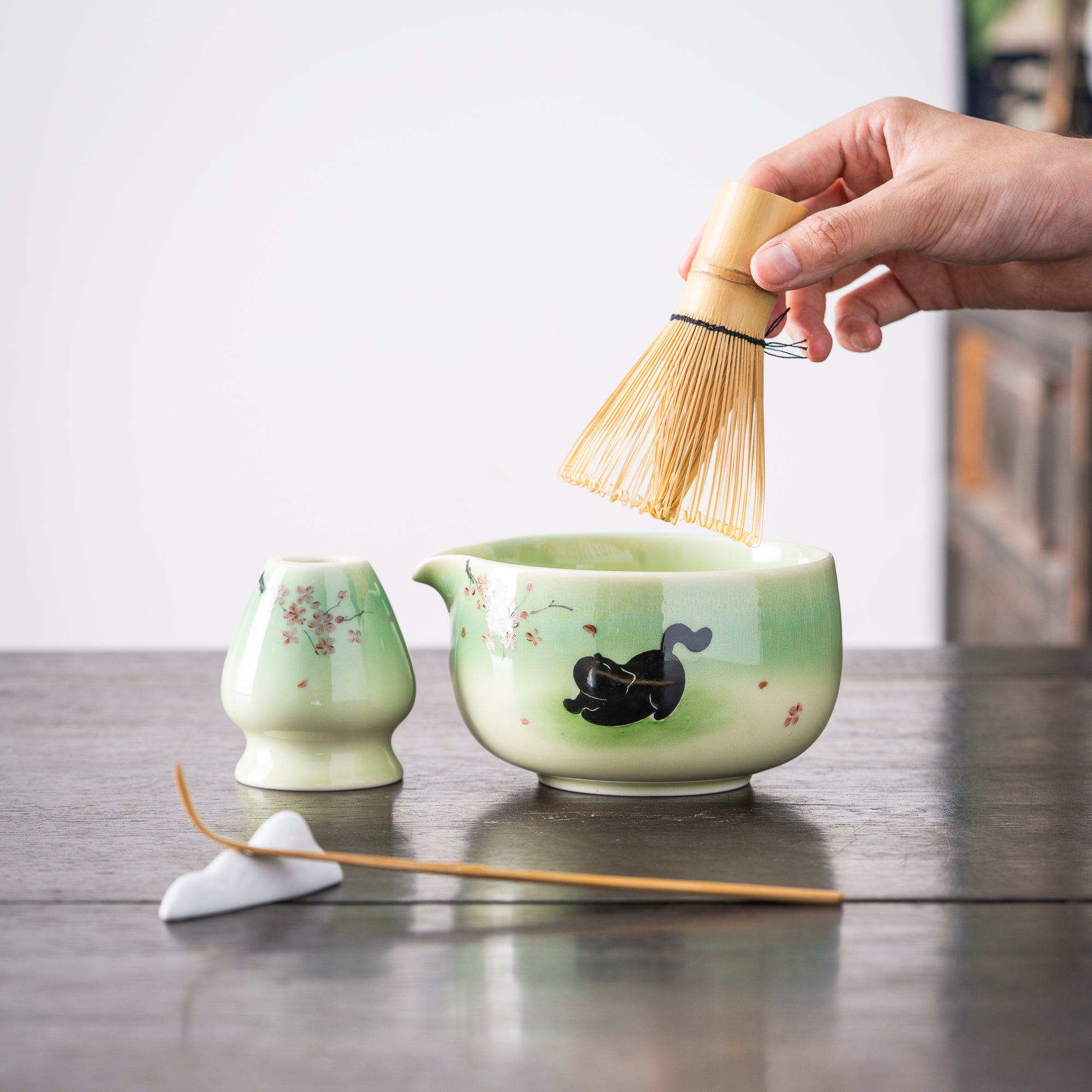 Hand - painted Black Cat & Cherry Blossom Light Green Matcha Kit