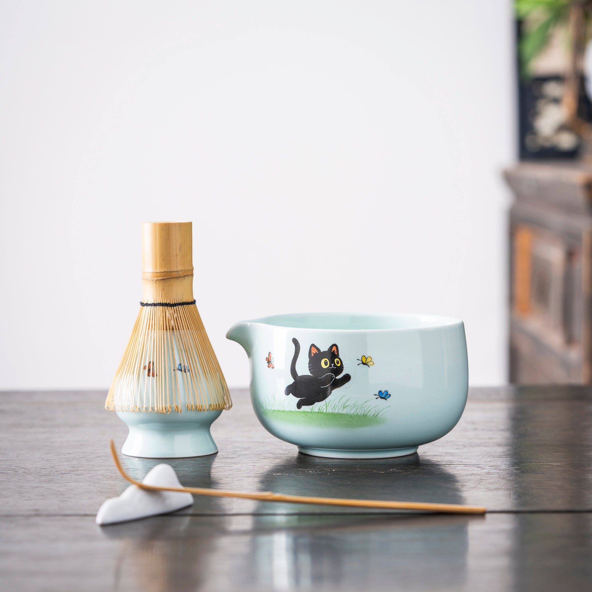 Hand - painted Black Cat & Butterfly Matcha Whisk Set