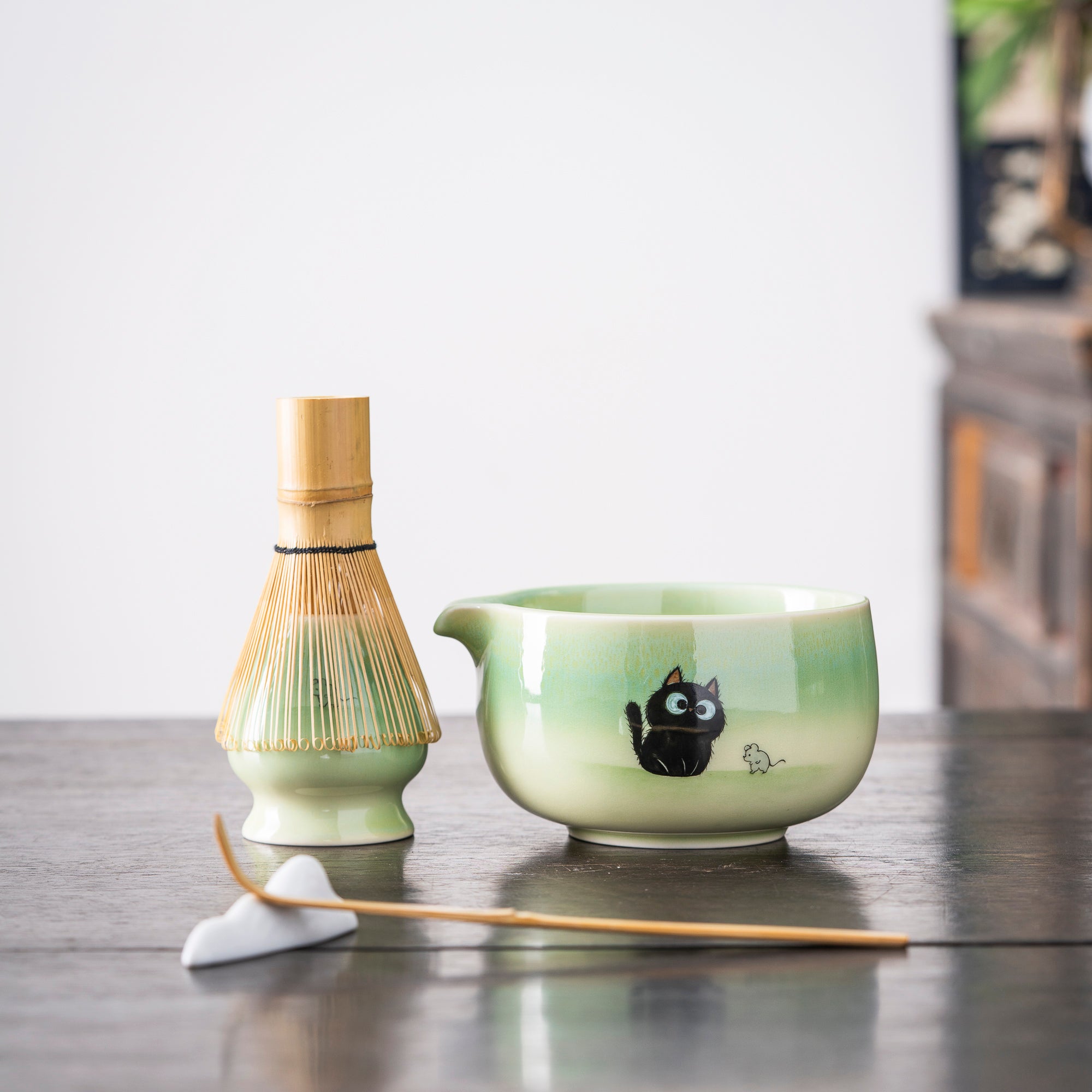 Hand - painted Black Cat & Mouse Light Green Matcha Set