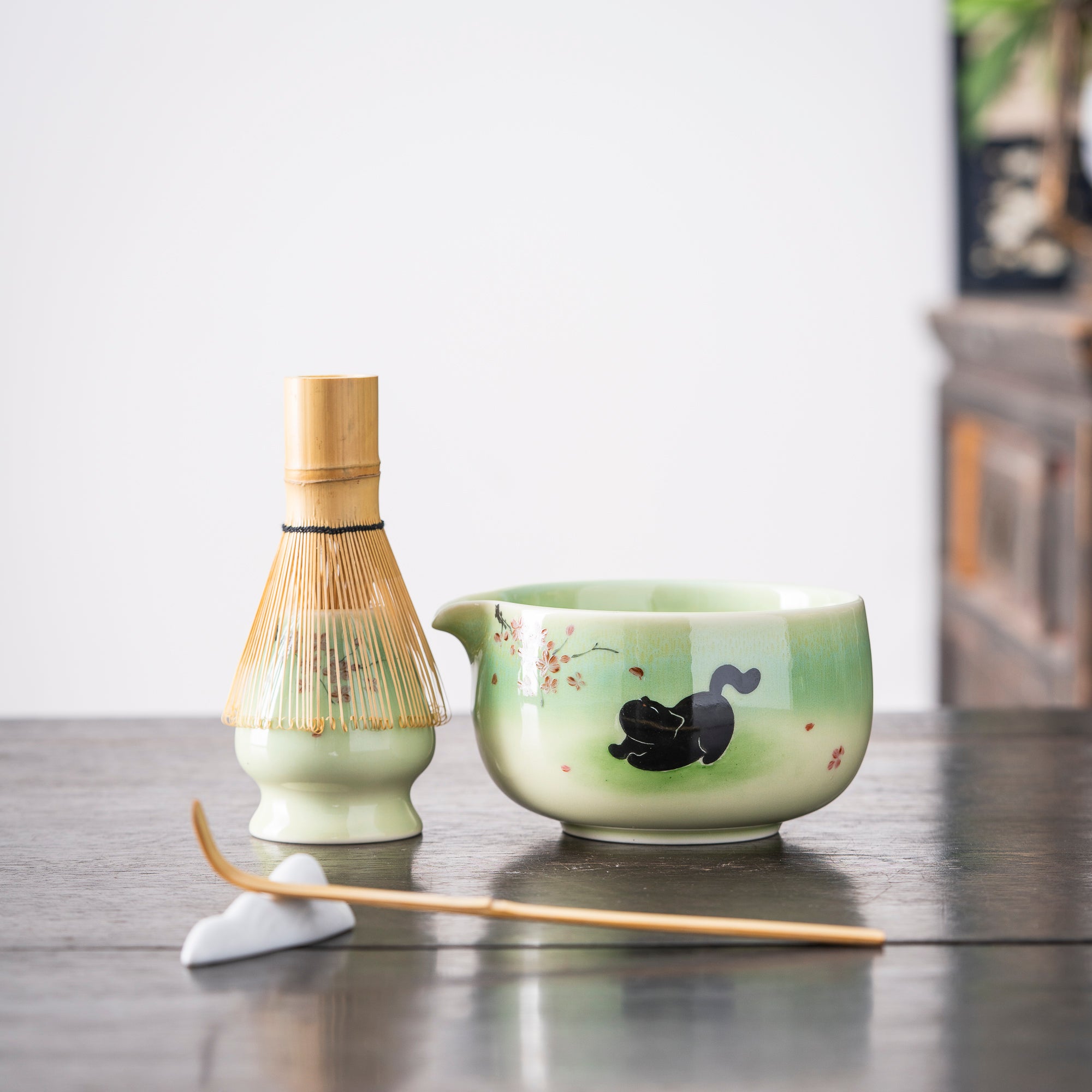 Hand - painted Black Cat & Cherry Blossom Light Green Matcha Kit