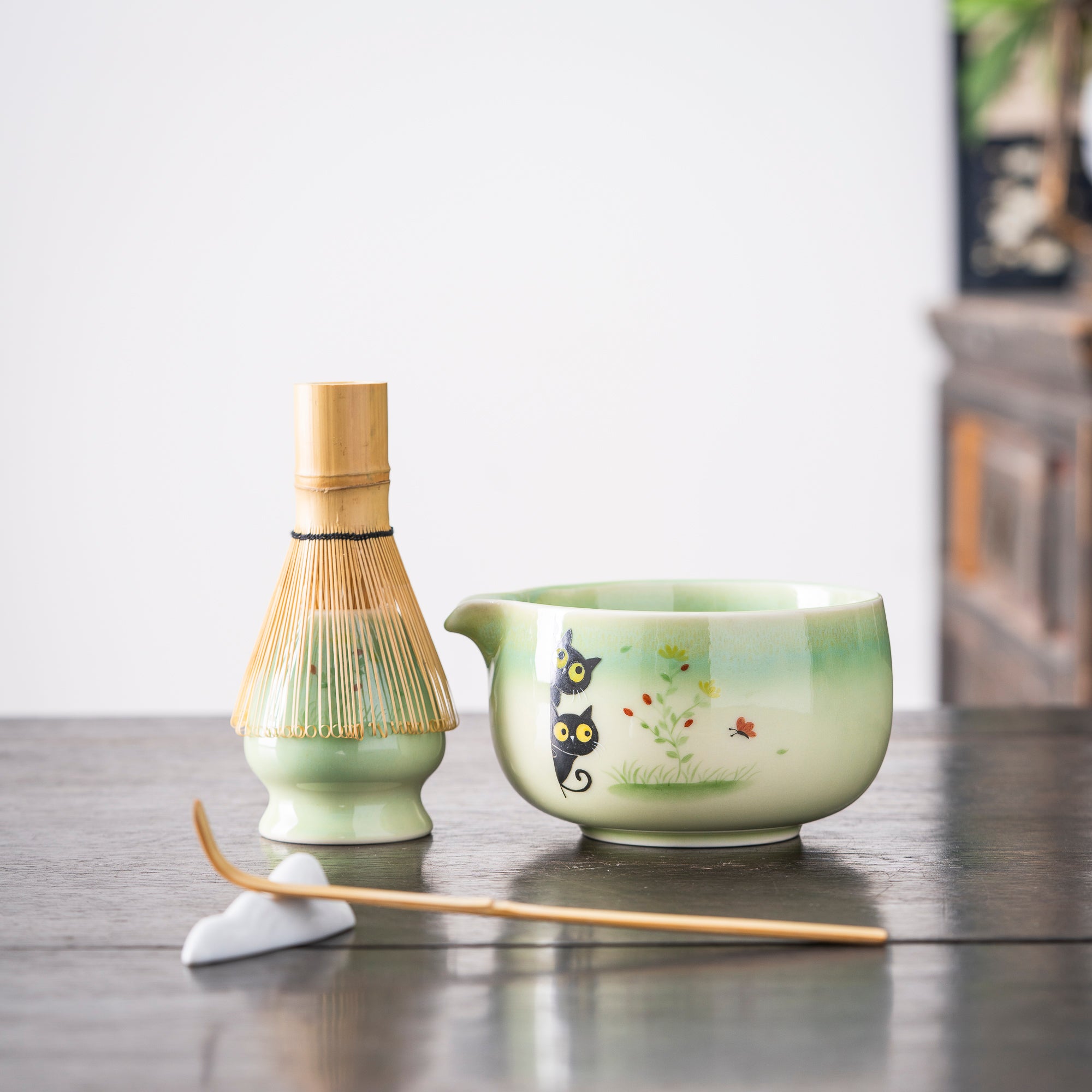 Hand - painted Black Cat Duo & Floral Matcha Whisk Set