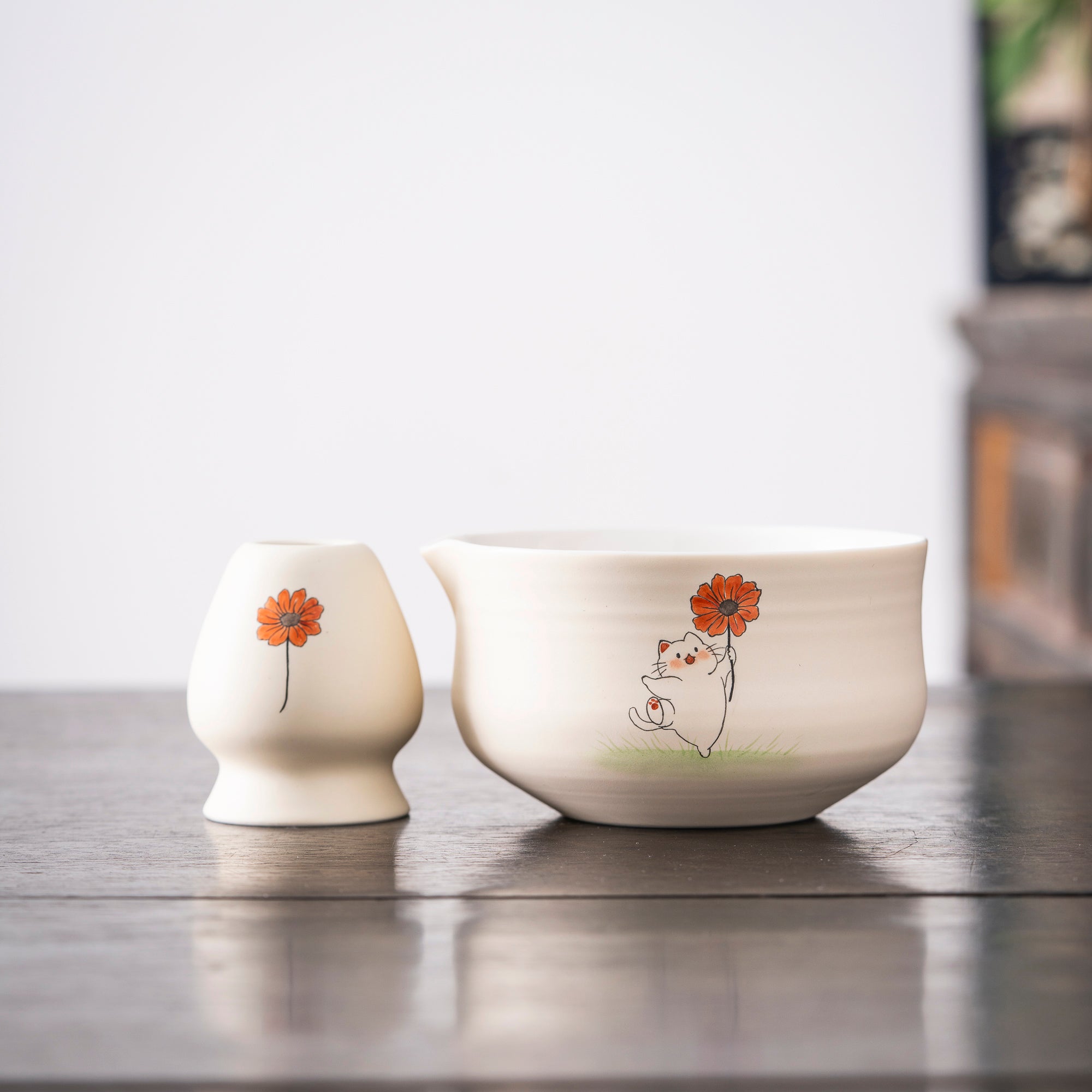 Hand - painted Cat & Flower Matcha Whisk Set