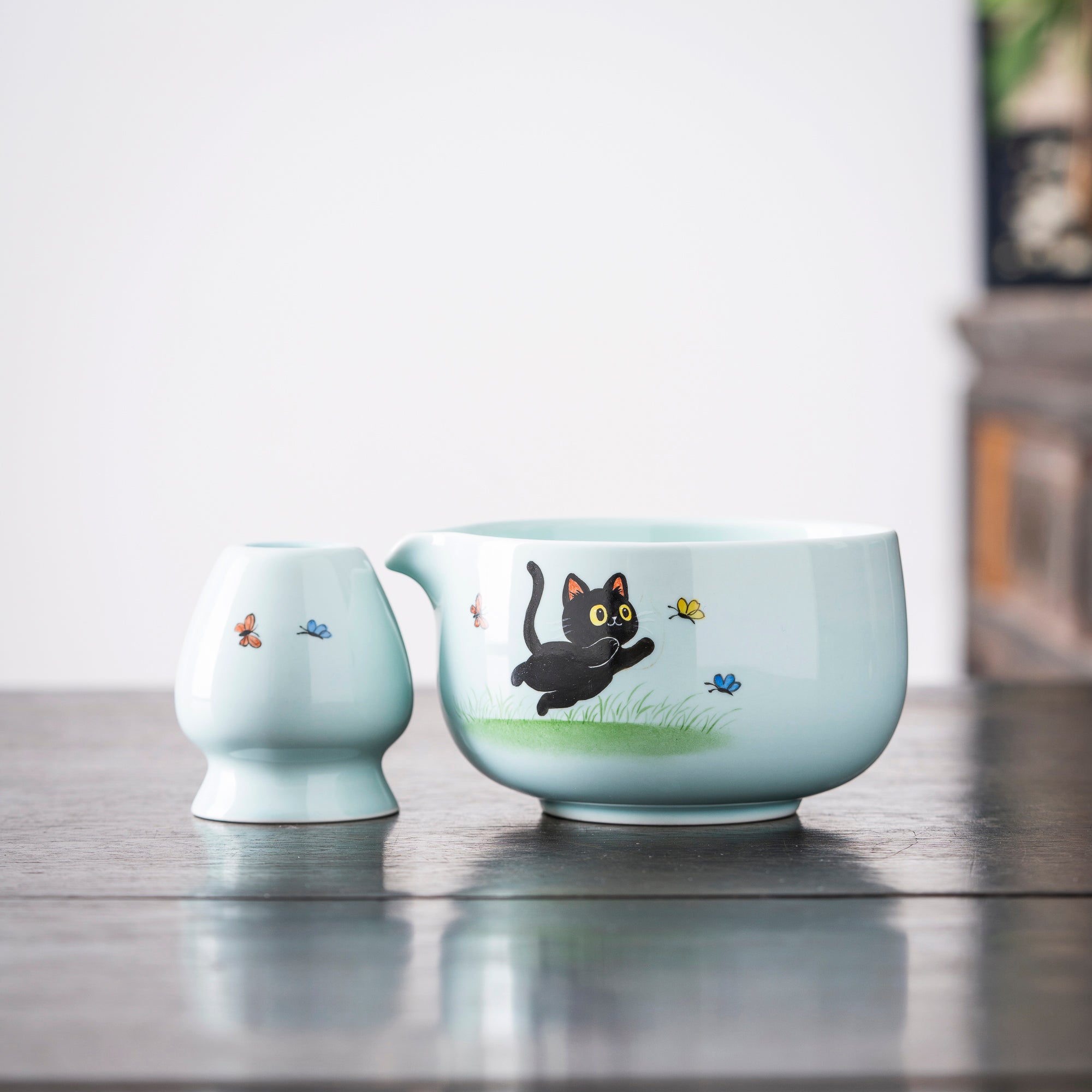 Hand - painted Black Cat & Butterfly Matcha Whisk Set