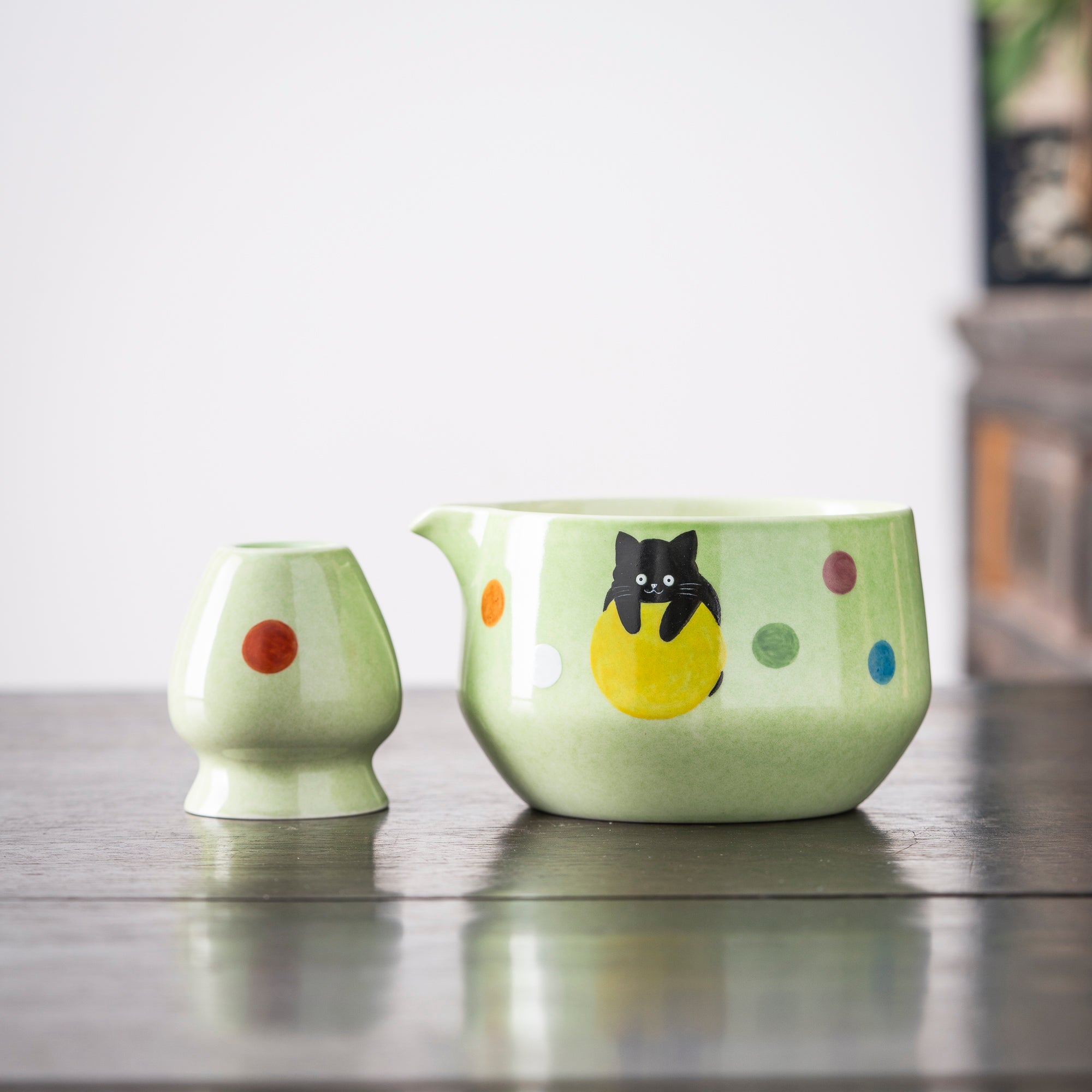 Hand - painted Black Cat & Colorful Dots Light Green Matcha Kit