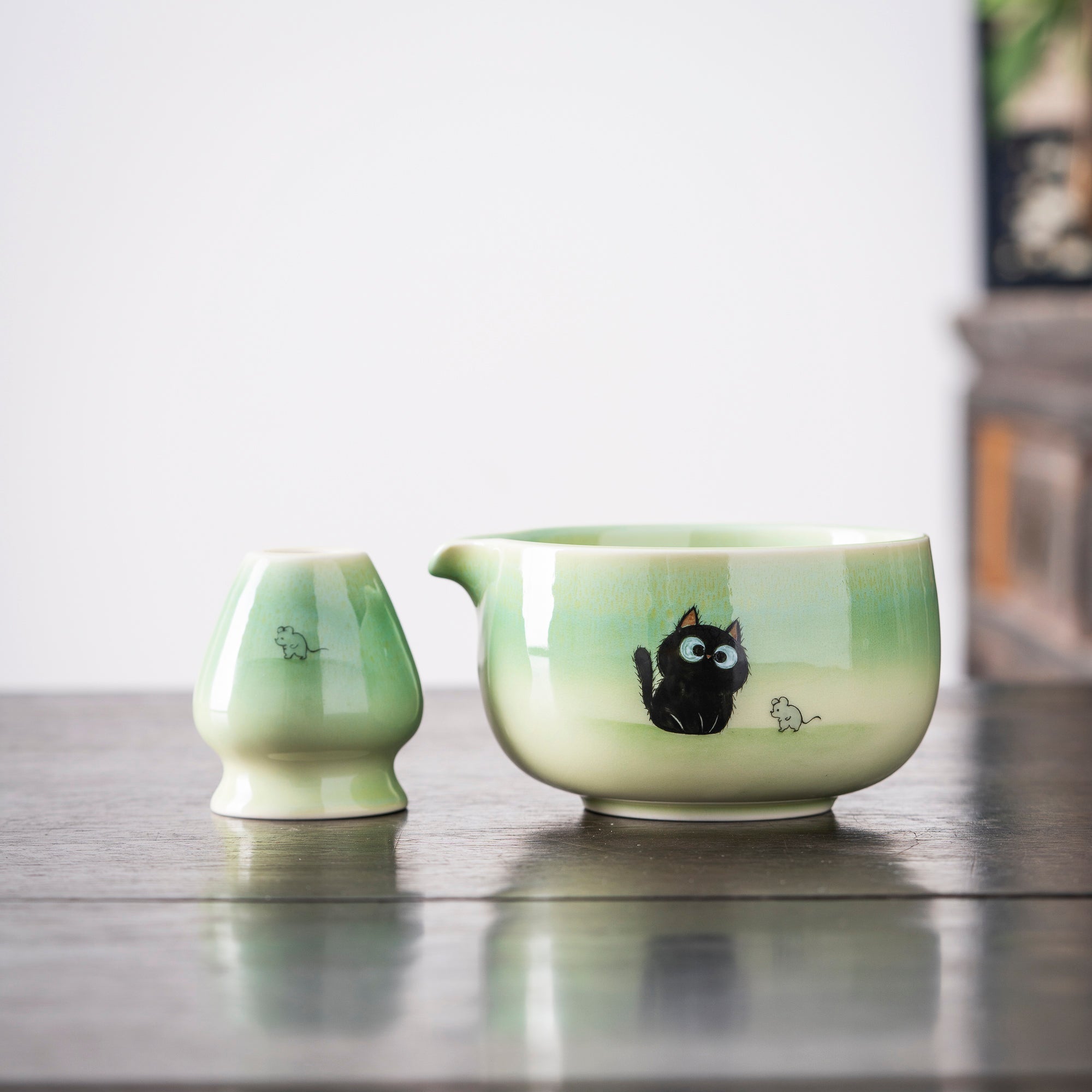 Hand - painted Black Cat & Mouse Light Green Matcha Set