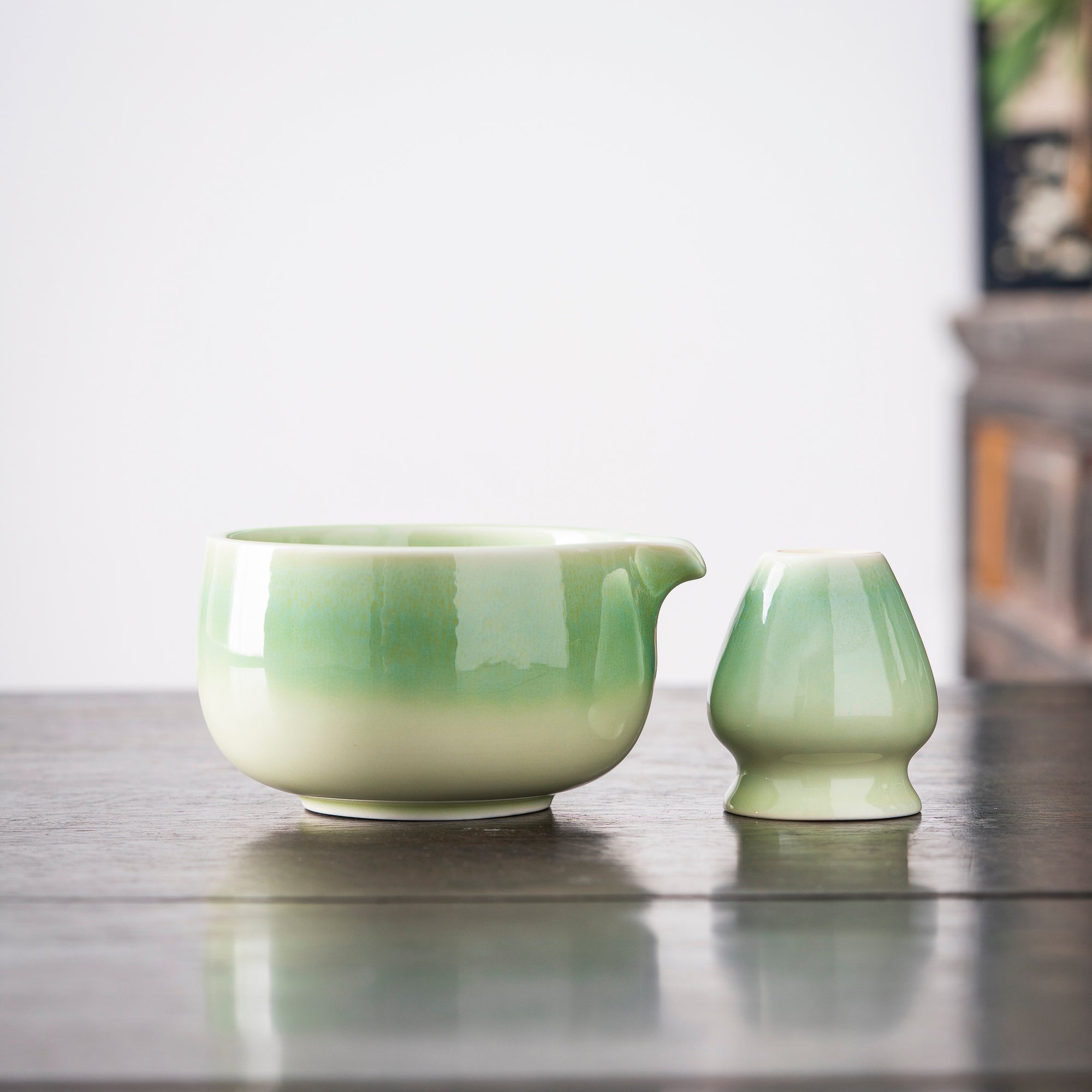 Hand - painted Black Cat & Mouse Light Green Matcha Set