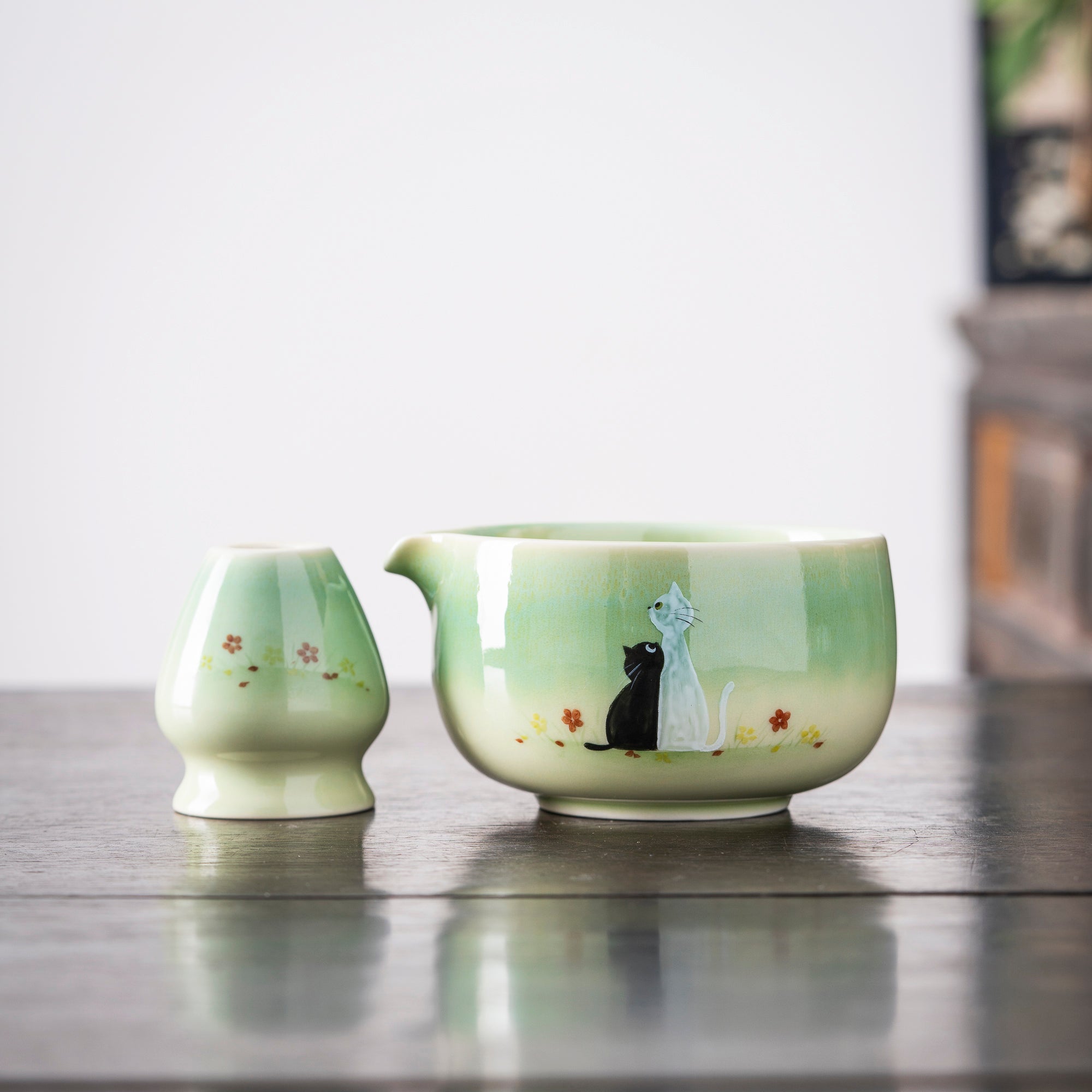 Hand - painted Black & White Cat Light Green Matcha Whisk Set