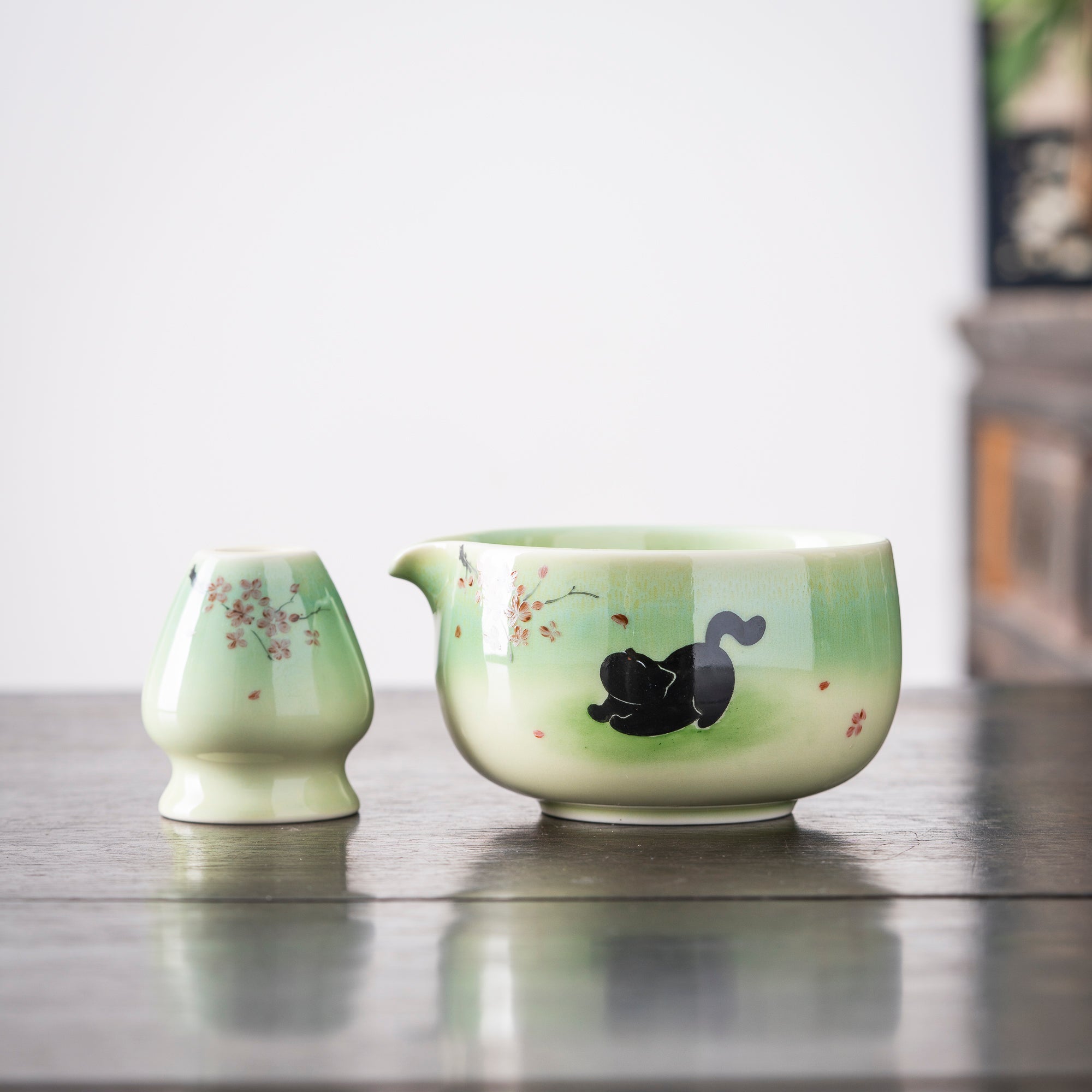 Hand - painted Black Cat & Cherry Blossom Light Green Matcha Kit