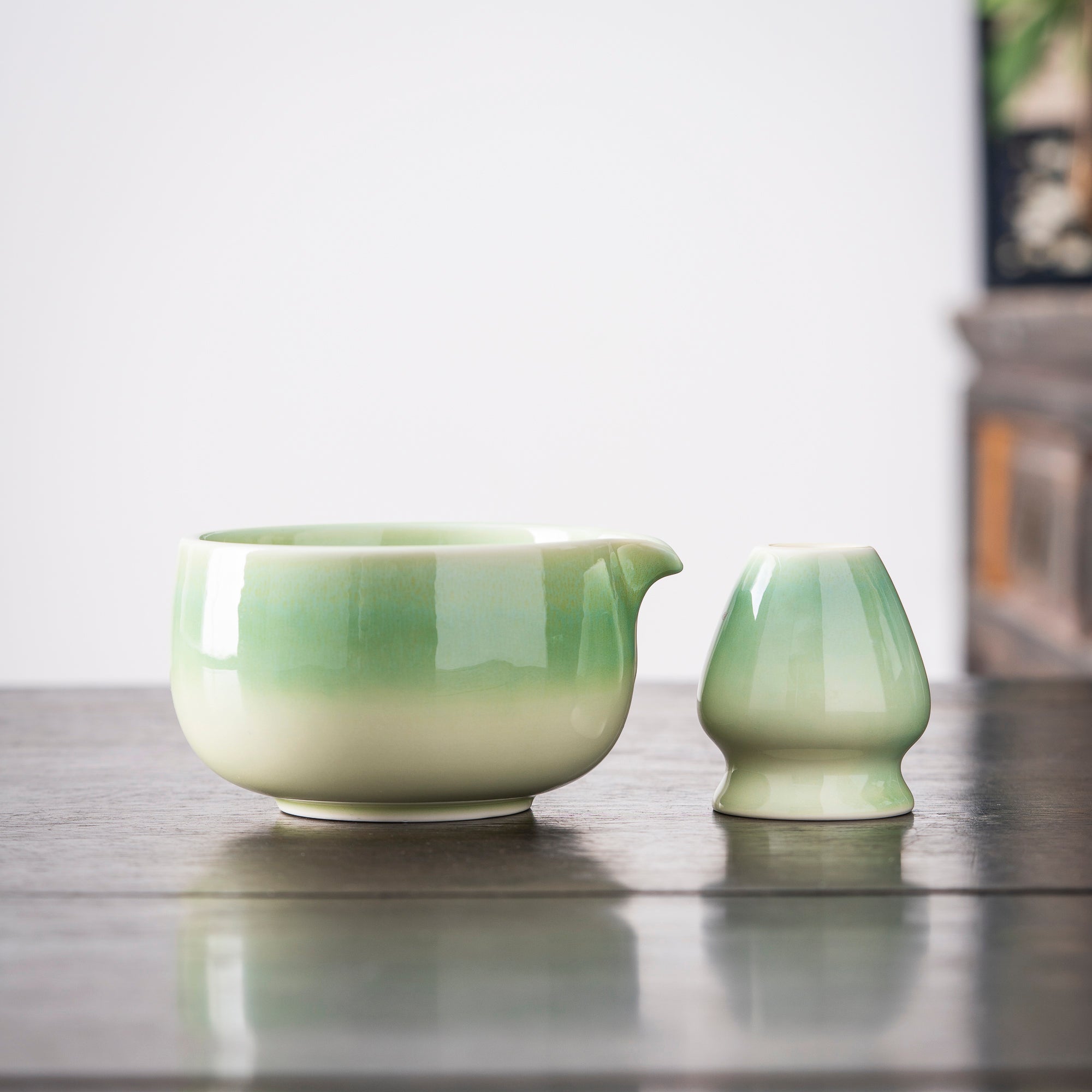 Hand - painted Black Cat & Cherry Blossom Light Green Matcha Kit