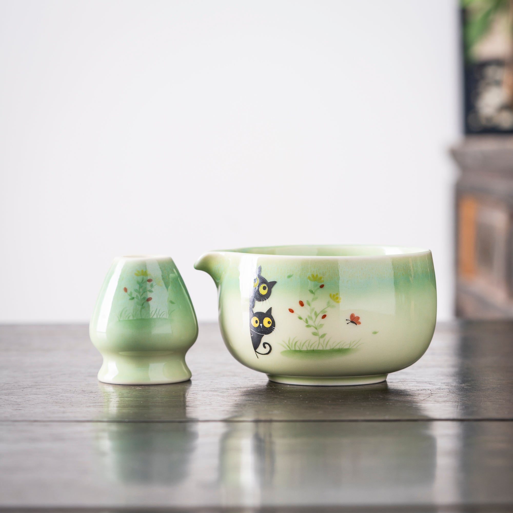 Hand - painted Black Cat Duo & Floral Matcha Whisk Set