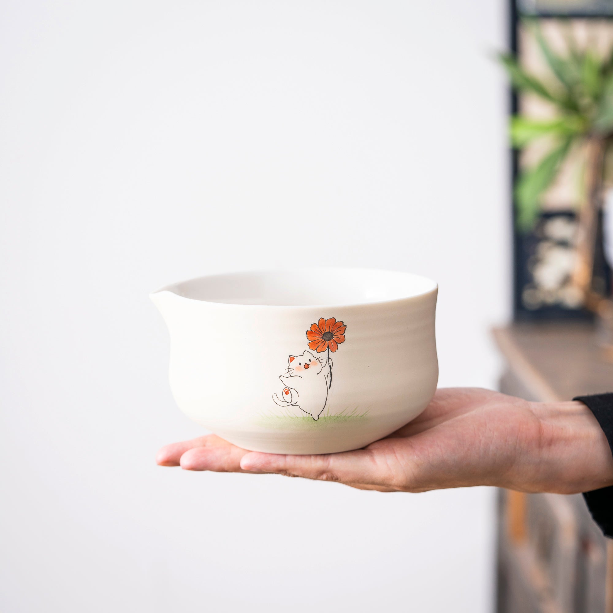Hand - painted Cat & Flower Matcha Whisk Set