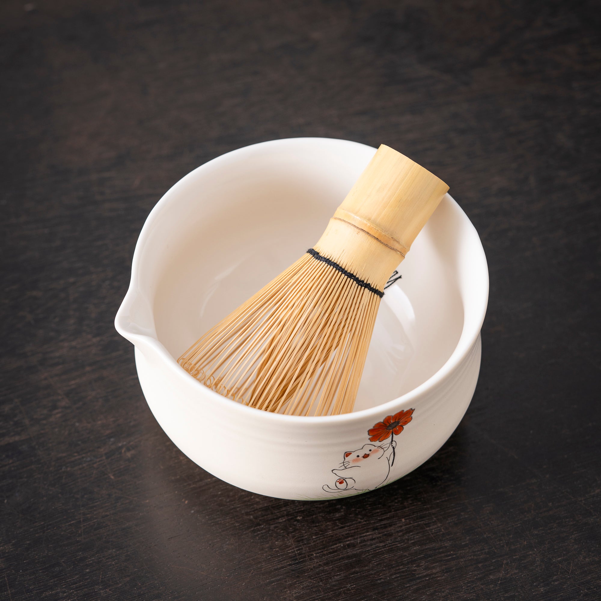 Hand - painted Cat & Flower Matcha Whisk Set