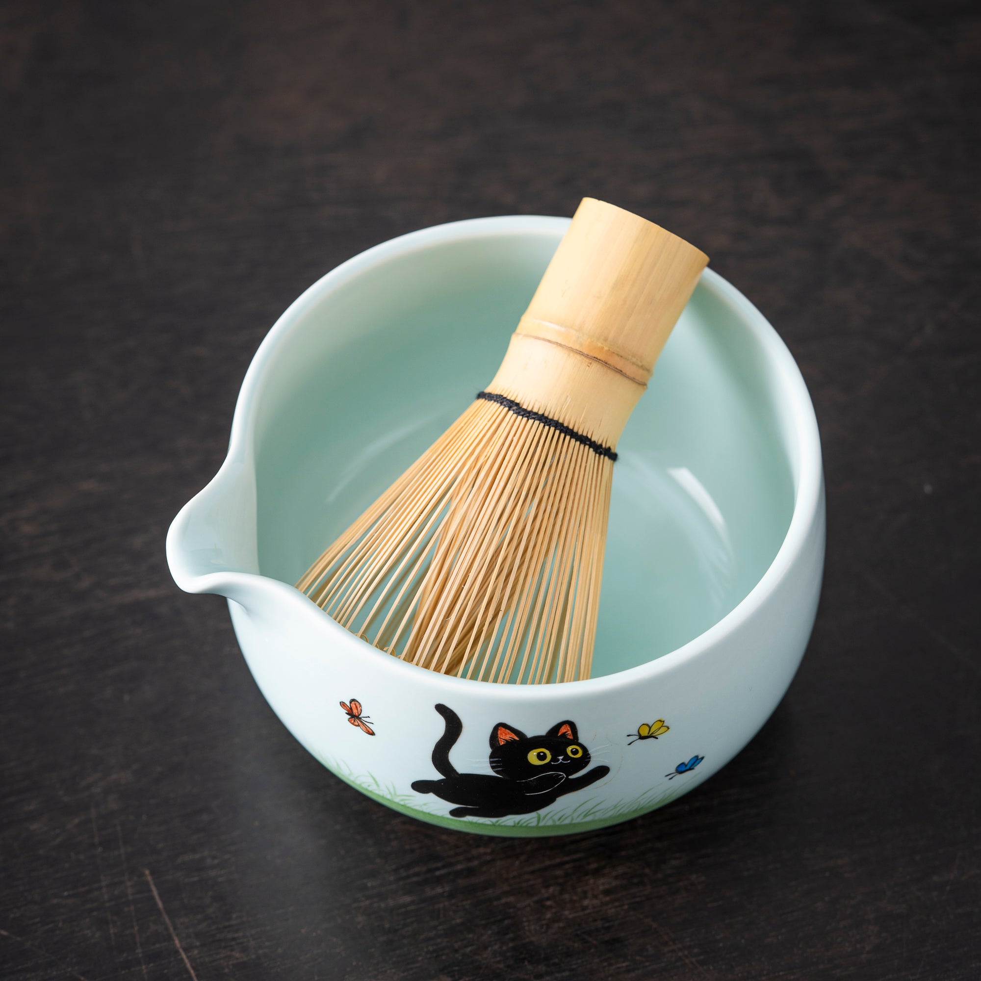 Hand - painted Black Cat & Butterfly Matcha Whisk Set