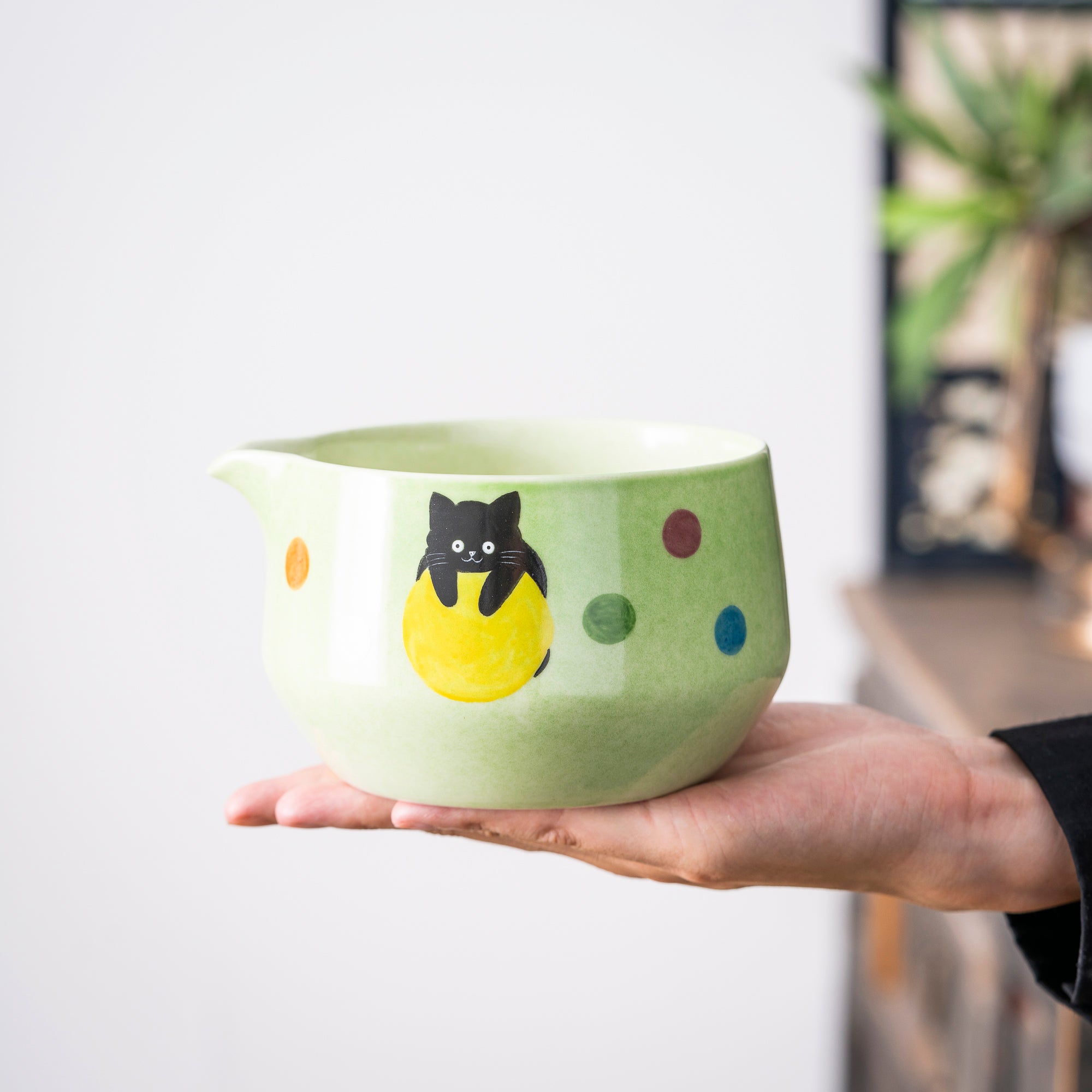Hand - painted Black Cat & Colorful Dots Light Green Matcha Kit
