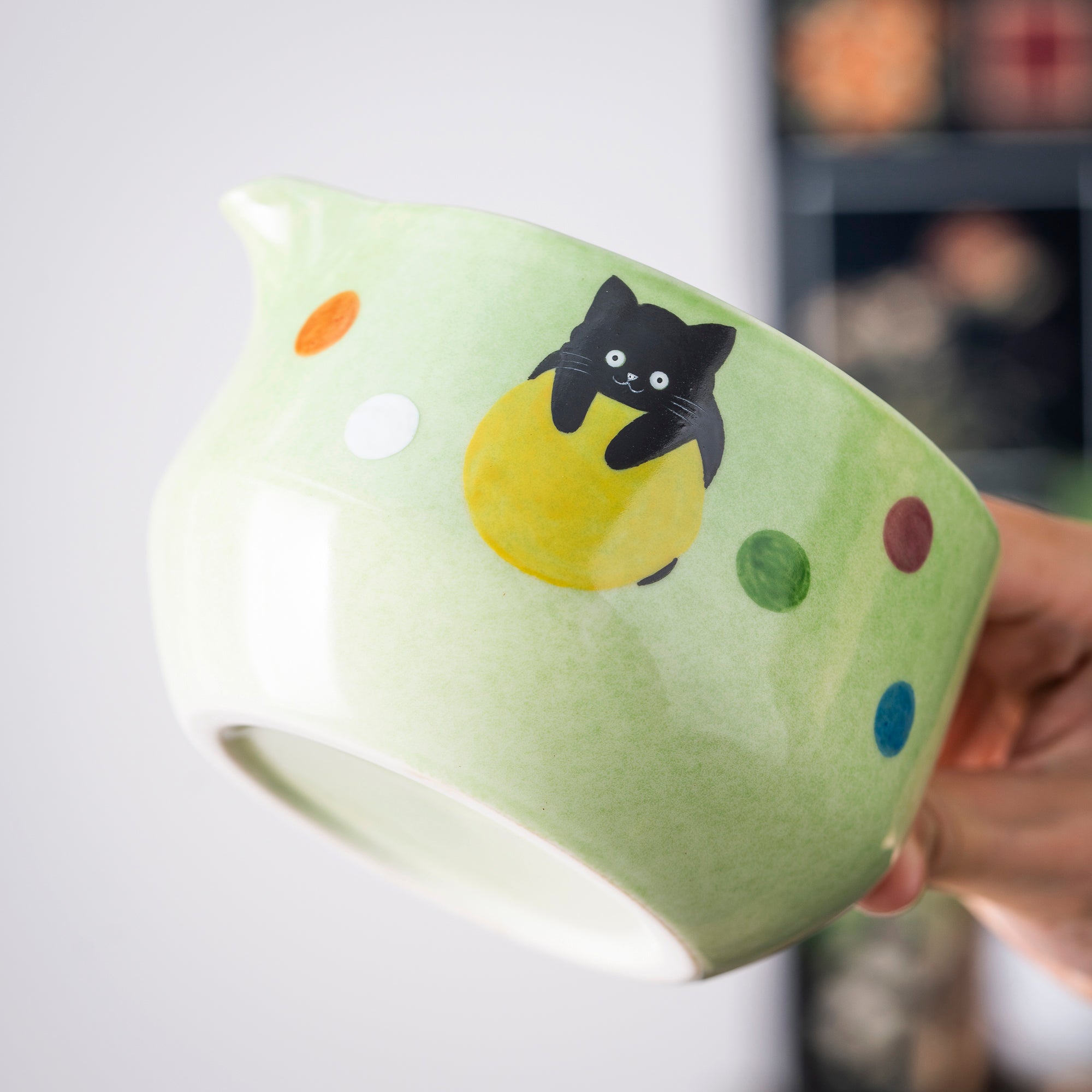 Hand - painted Black Cat & Colorful Dots Light Green Matcha Kit