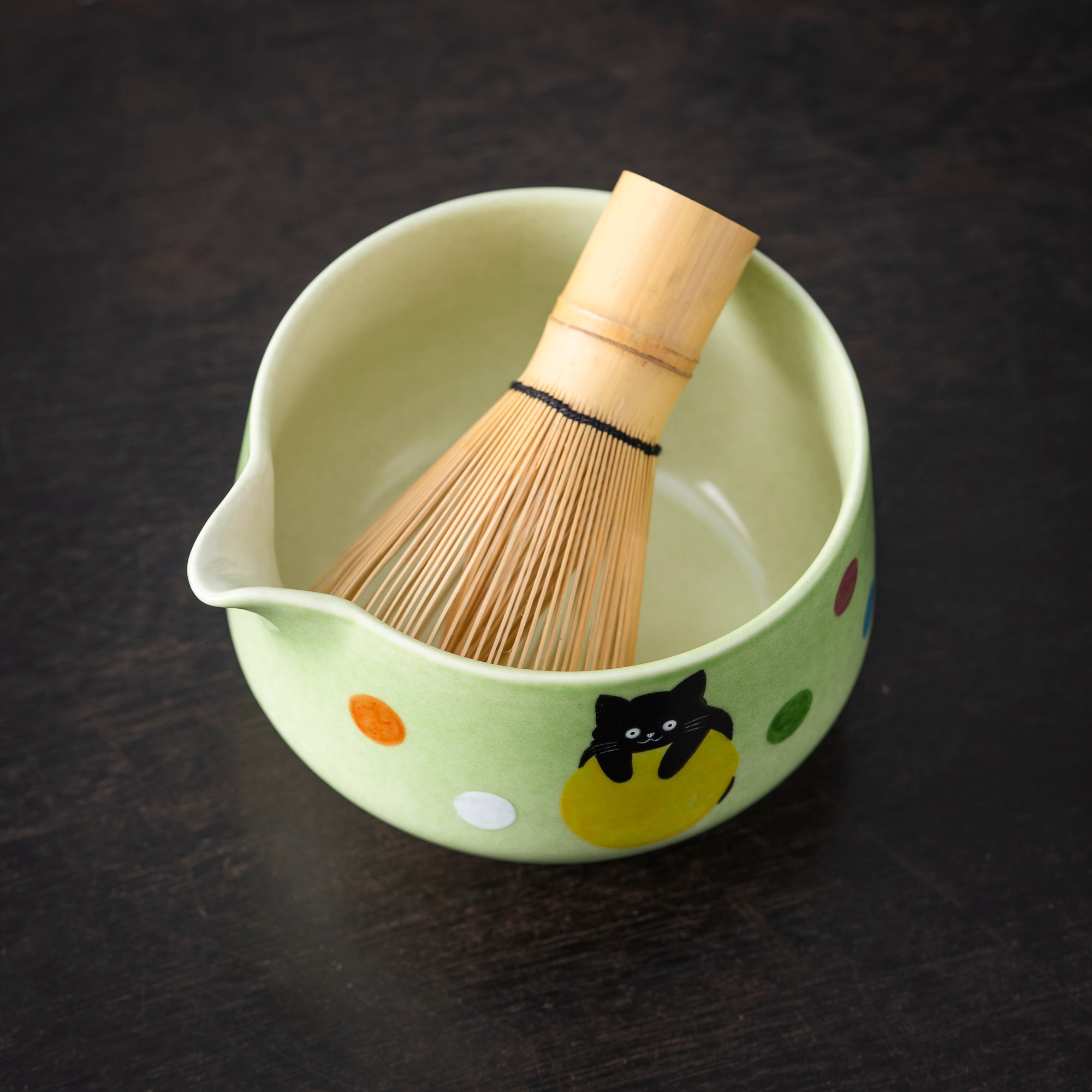 Hand - painted Black Cat & Colorful Dots Light Green Matcha Kit