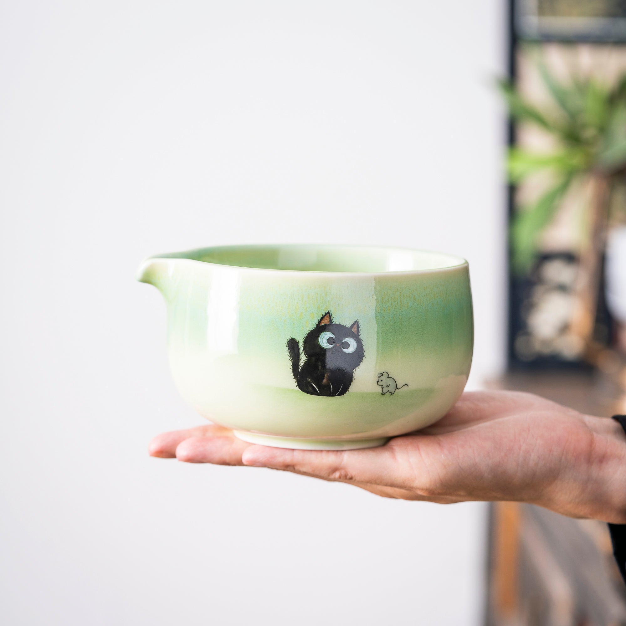Hand - painted Black Cat & Mouse Light Green Matcha Set