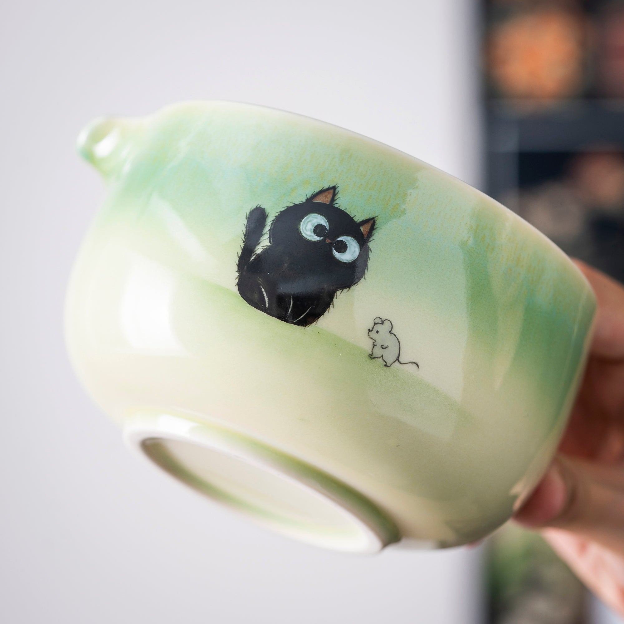 Hand - painted Black Cat & Mouse Light Green Matcha Set