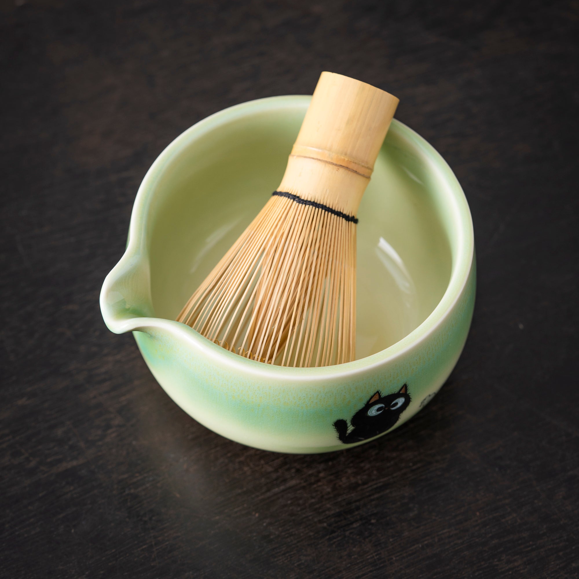 Hand - painted Black Cat & Mouse Light Green Matcha Set